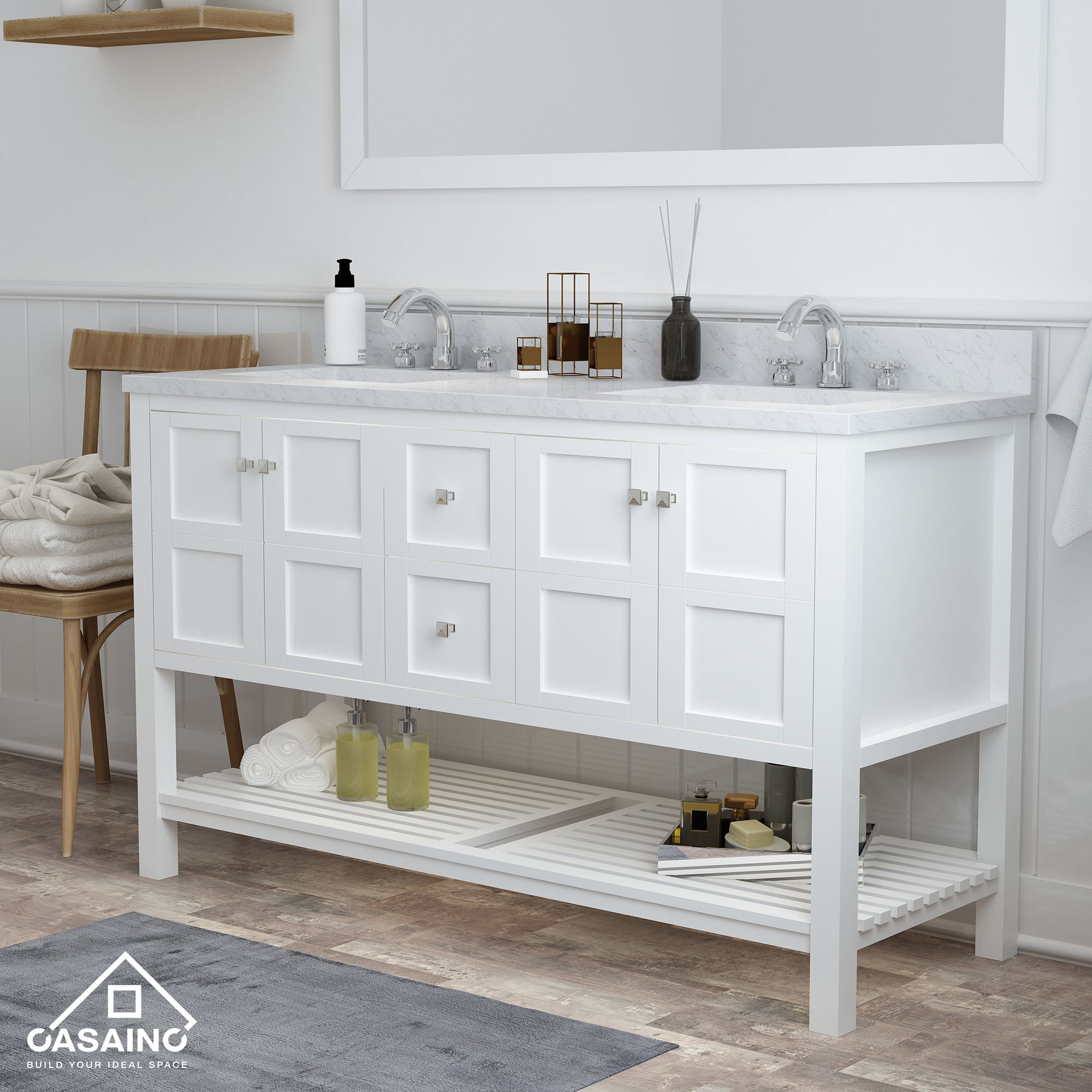 CASAINC Bathroom Vanity 60 x 22 x 35.4 with 1.2" Thickness Countertop & Backsplash, Bothe Side Rectangular Sink, 4 Soft Closing Doors, 2 Dove Tail Drawer Construction, Soft Close Drawer Hinges, Gray, White (With Mirror)