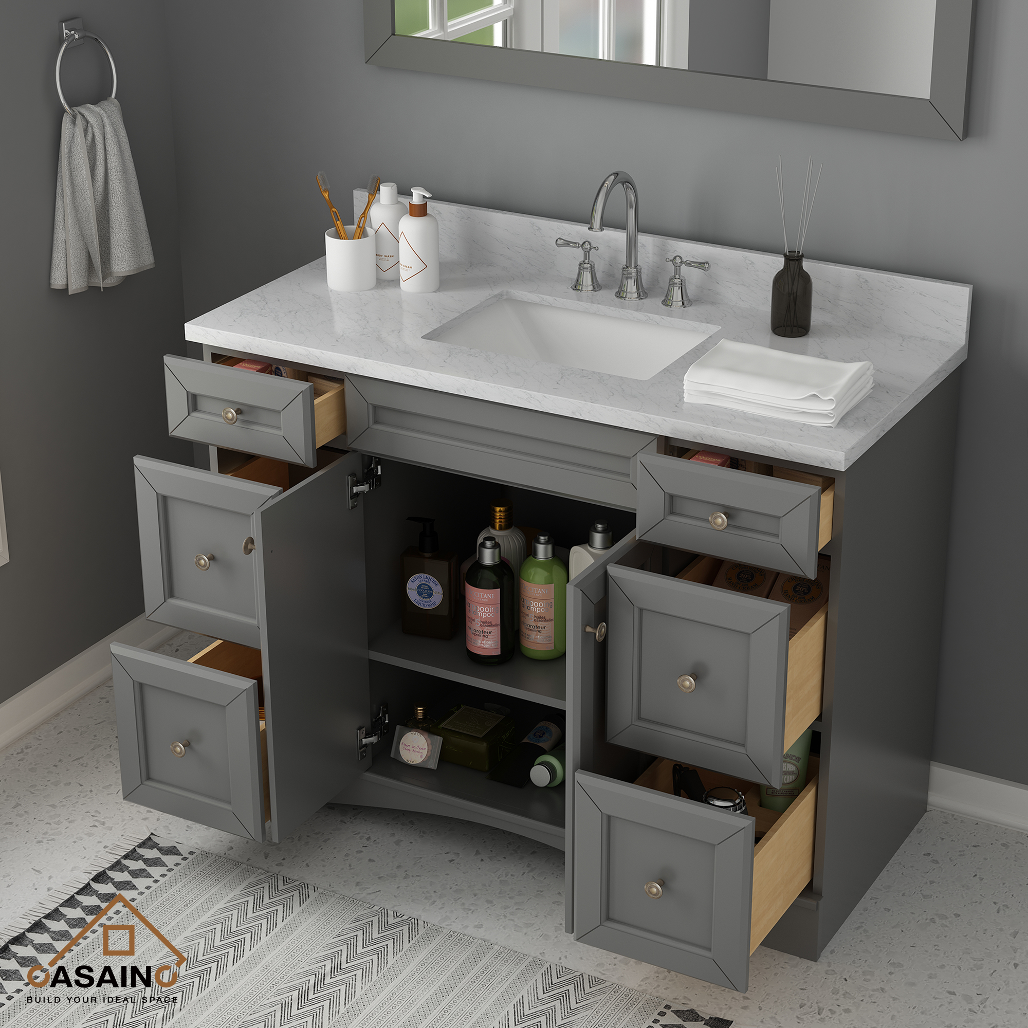 CASAINC 48 Inch Freestanding Double Sink Bathroom Vanity Set in Grey