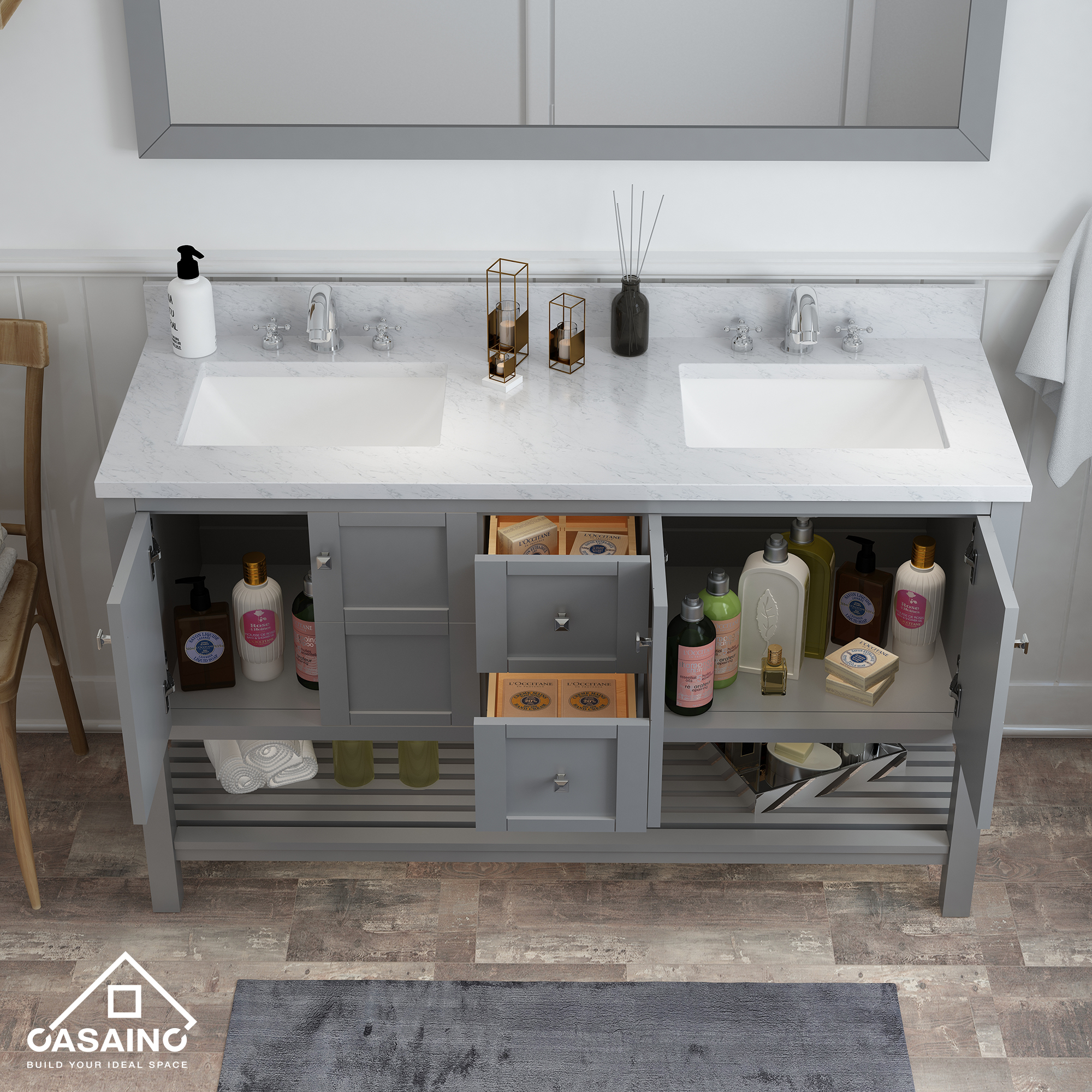 CASAINC Bathroom Vanity 60 x 22 x 35.4 with 1.2" Thickness Countertop & Backsplash, Bothe Side Rectangular Sink, 4 Soft Closing Doors, 2 Dove Tail Drawer Construction, Soft Close Drawer Hinges, Gray, White (With Mirror)