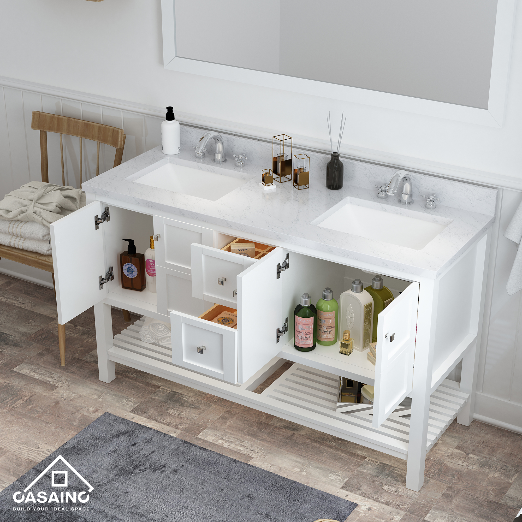CASAINC Bathroom Vanity 60 x 22 x 35.4 with 1.2" Thickness Countertop & Backsplash, Bothe Side Rectangular Sink, 4 Soft Closing Doors, 2 Dove Tail Drawer Construction, Soft Close Drawer Hinges, Gray, White (With Mirror)