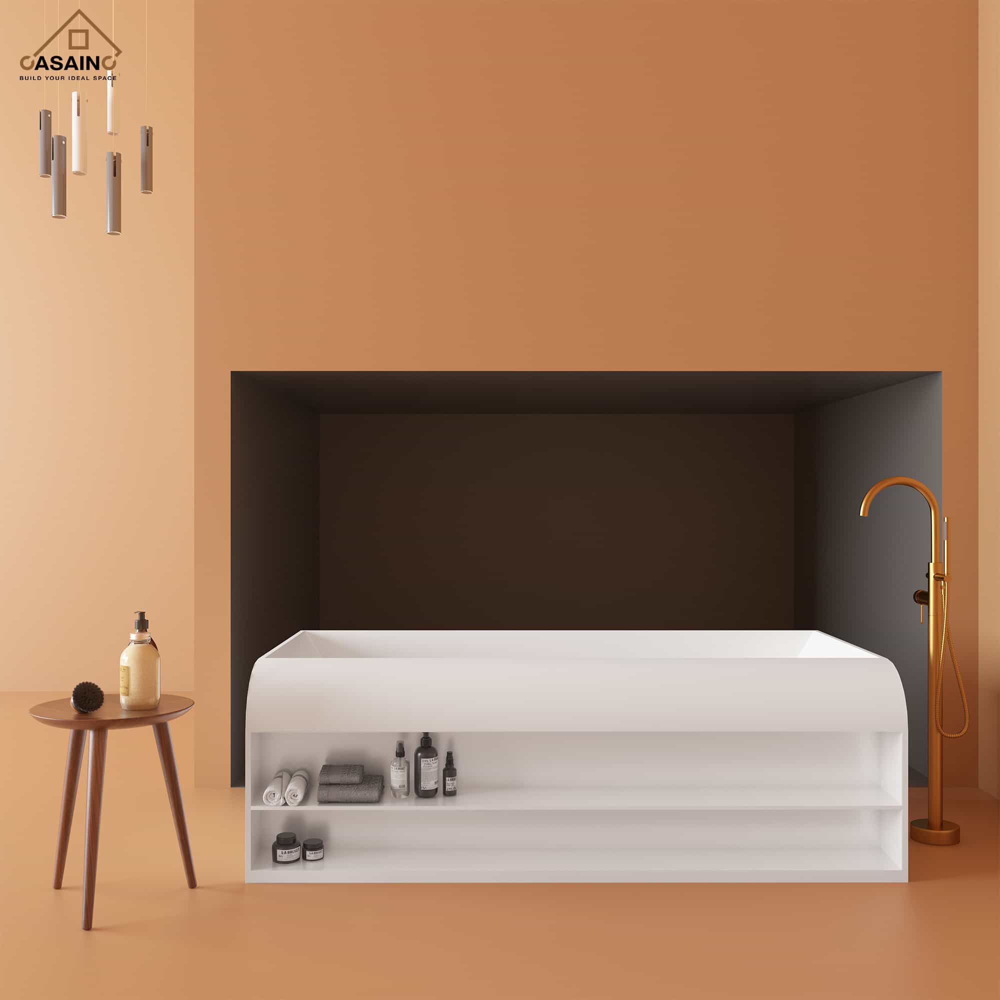 CASAINC 69 Inch Matte White Freestanding Solid Surface Bathtub with Si