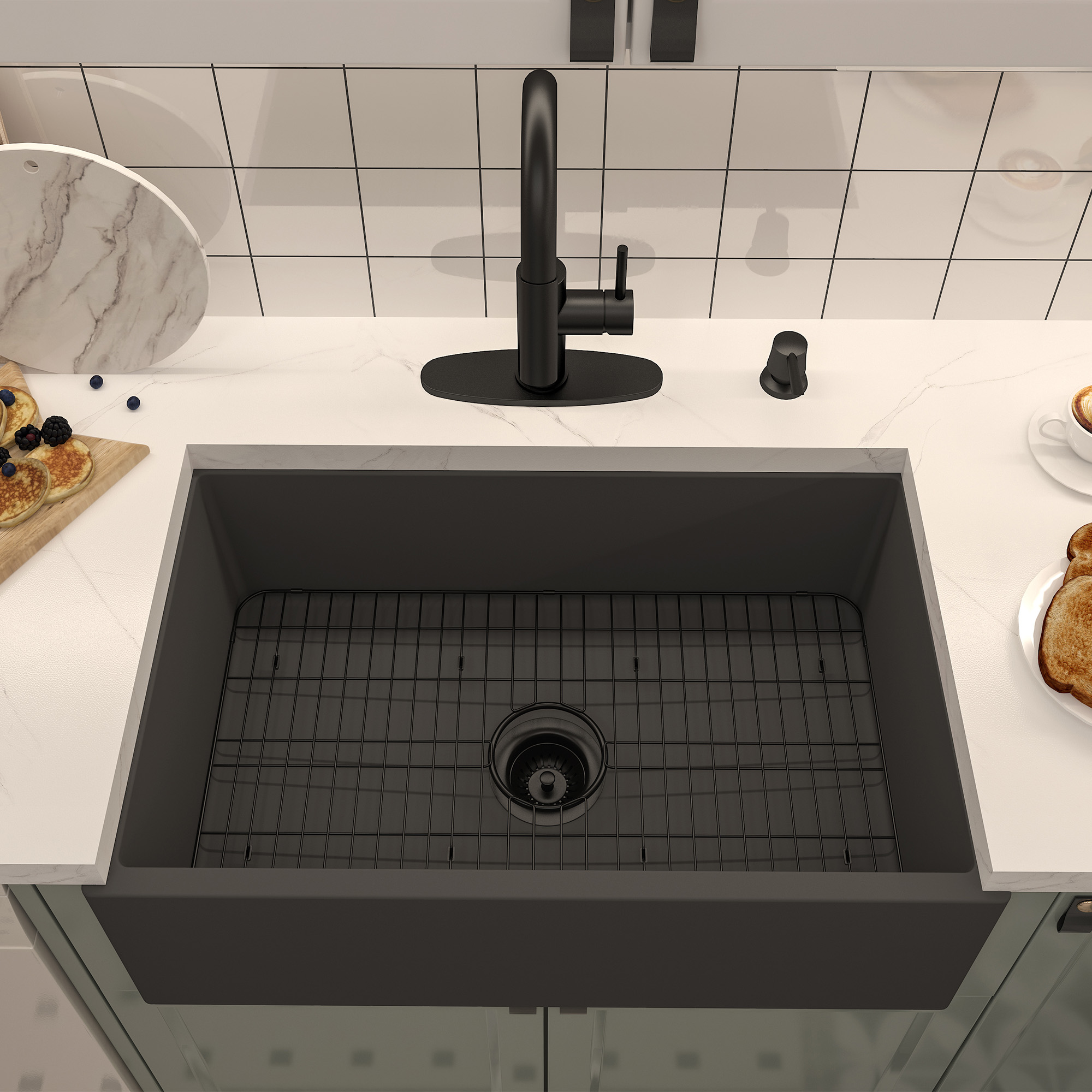 Concrete 30 in. Single Bowl Farmhouse Apron Kitchen Sink with Bottom Grid and Drainer Black Earth/Taupe Clay