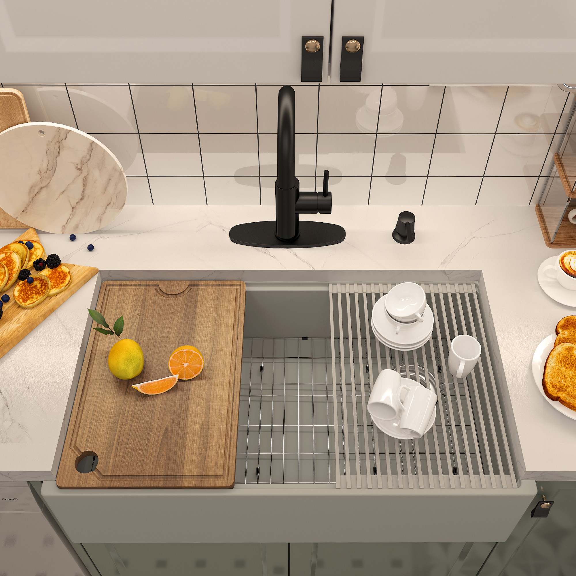 Concrete 33 in. Single Bowl Farmhouse Apron Kitchen Sink with Cutting Board, Rolling Drying Rack, Grid and Drainer Black Earth/Cold Concrete Grey