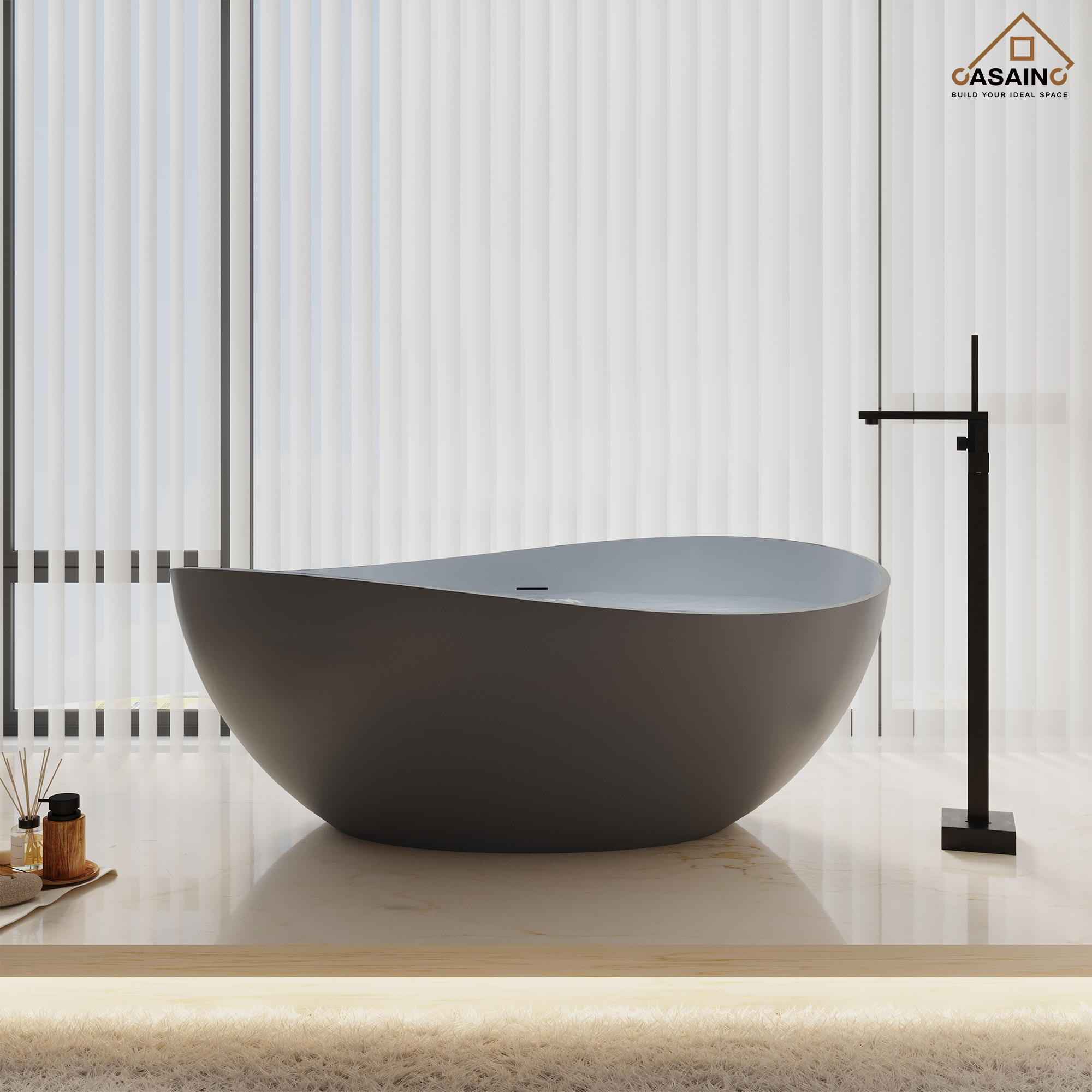 63" Solid Surface Freestanding Bathtub in (MatteBlack&Grey)