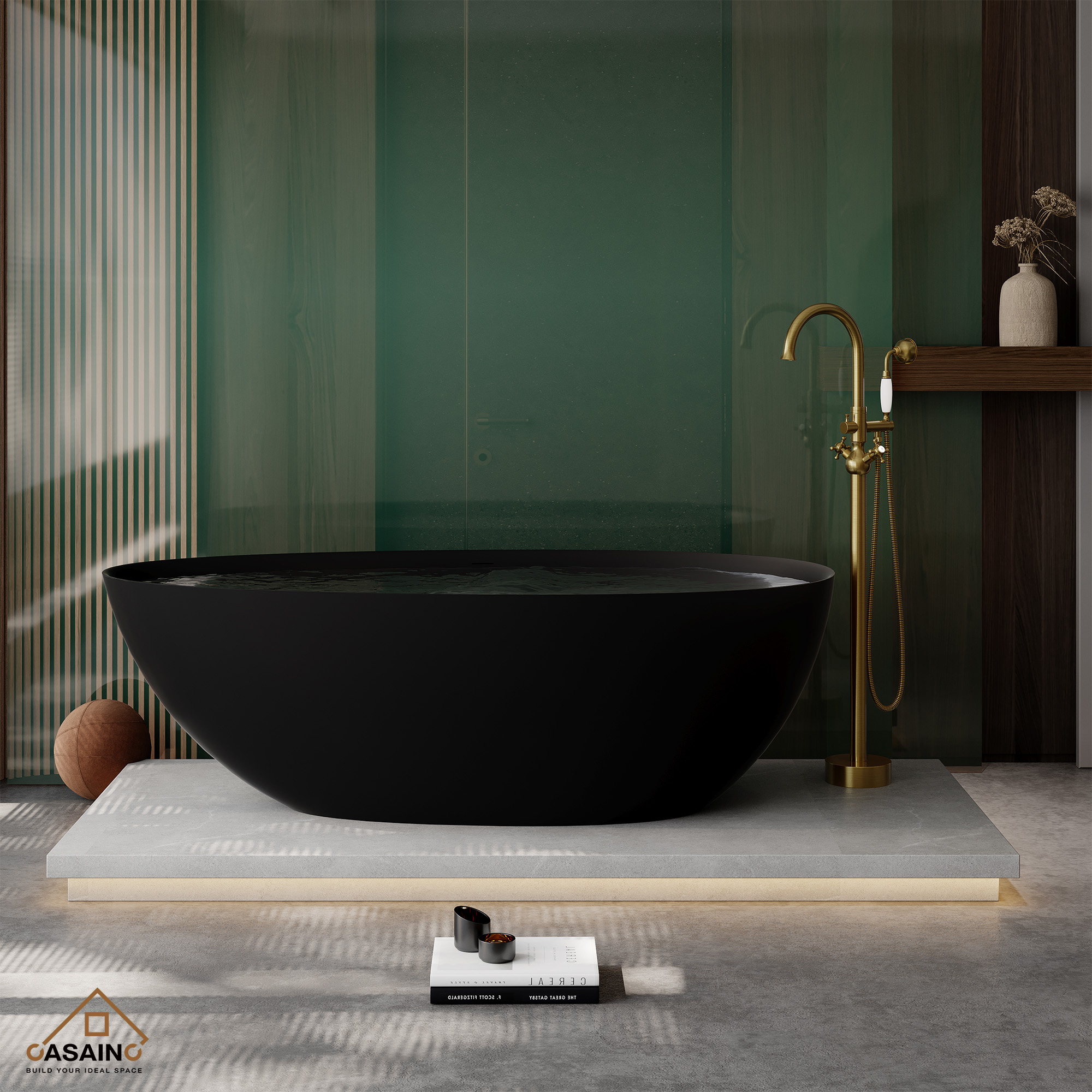 67" Solid Surface Freestanding Bathtub in (Matte Black& Grey)