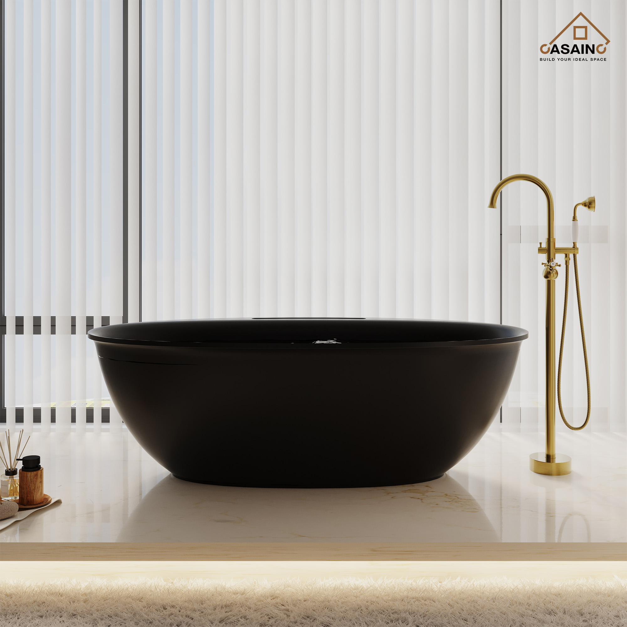 CASAINC CA-27-1800MW 71 x 34 Solid Surface Bathtub Freestanding Soaking Tub with Black Bath Pillow