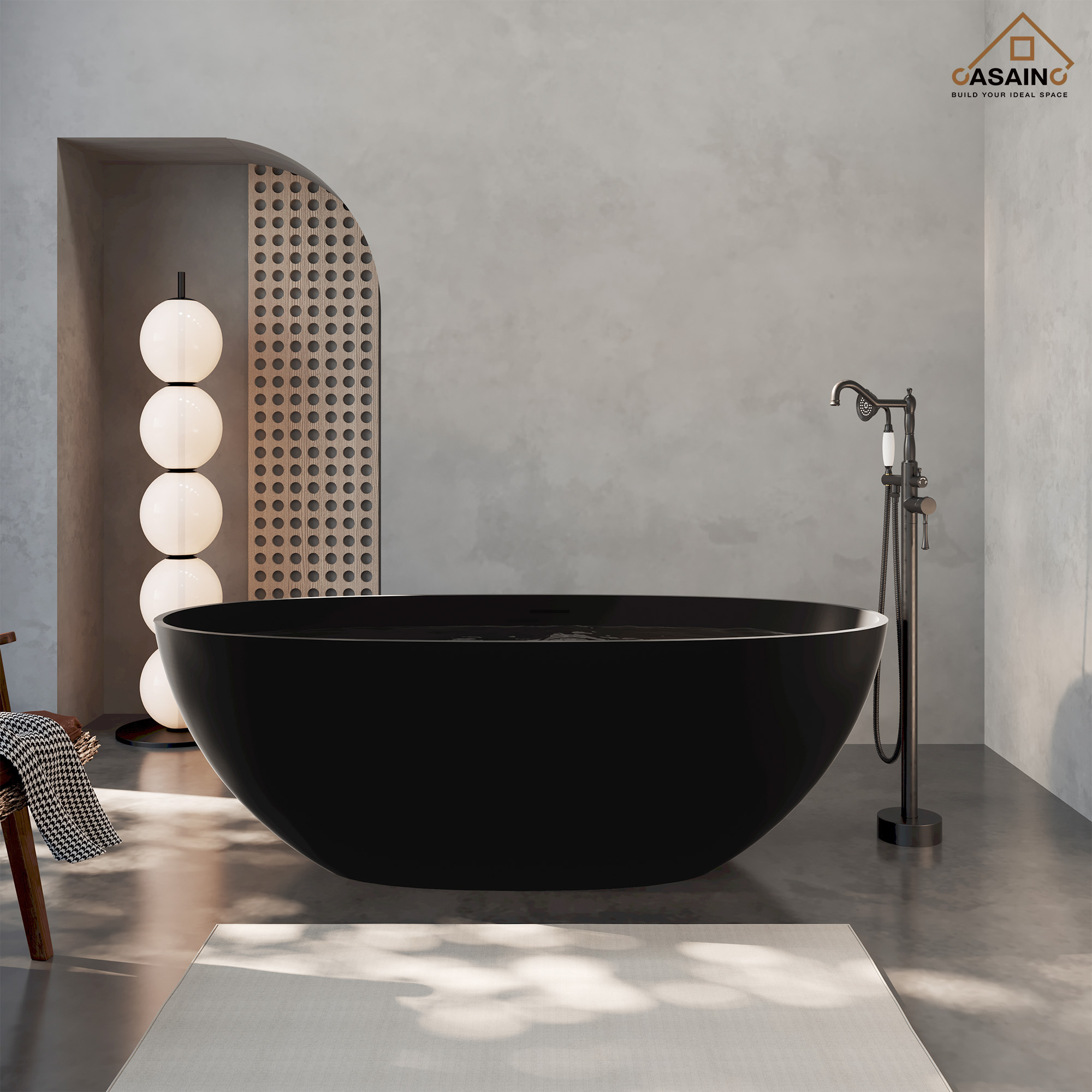 65" Solid Surface Freestanding Bathtub in (Matte Black& Grey)