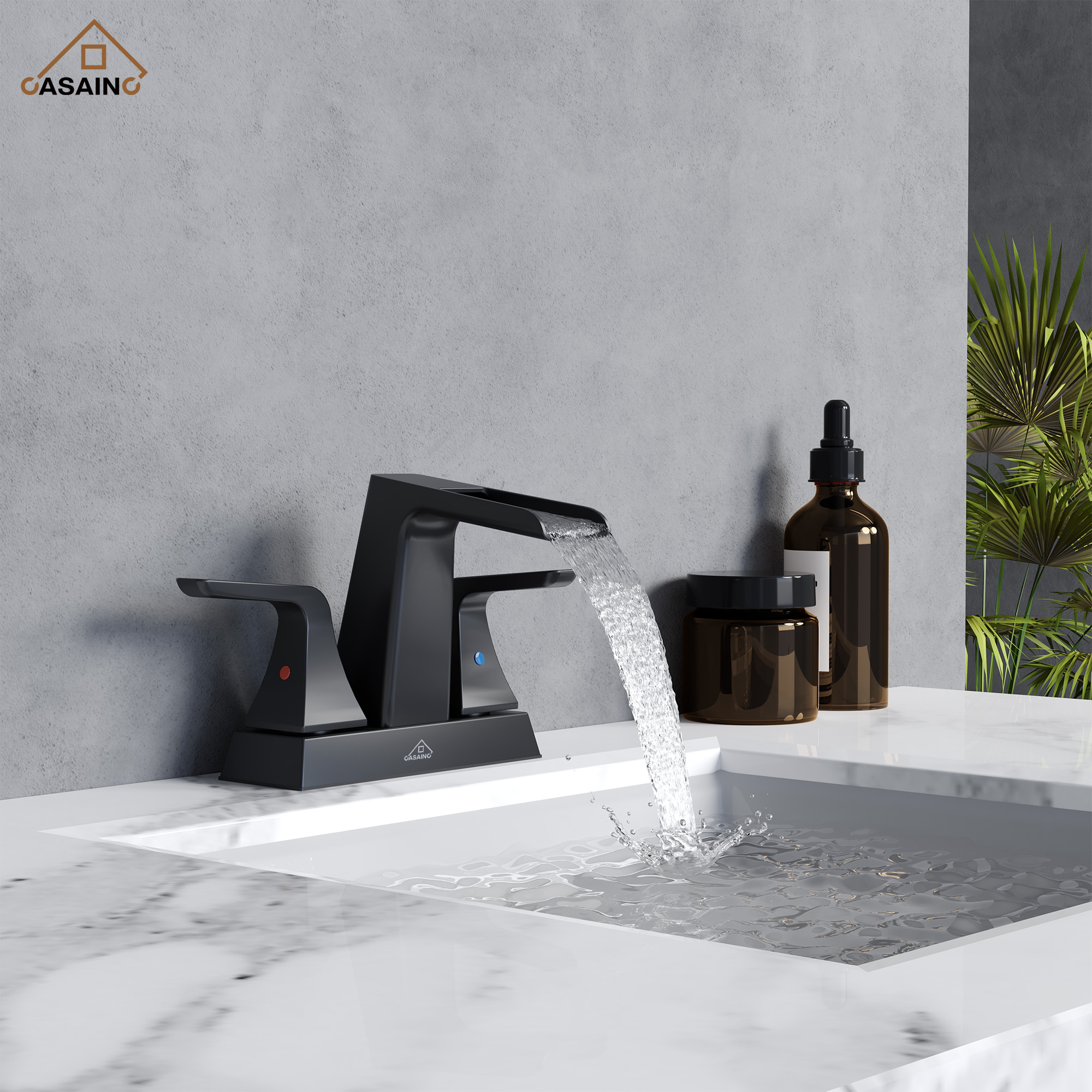 2 Handle Waterfall Brass Bathroom Sink Faucet 4 Inch Center Set 2-3 Hole RV Modern Bath Vanity Faucet Deck Mount with Metal Pop Up Drain and Supply Line