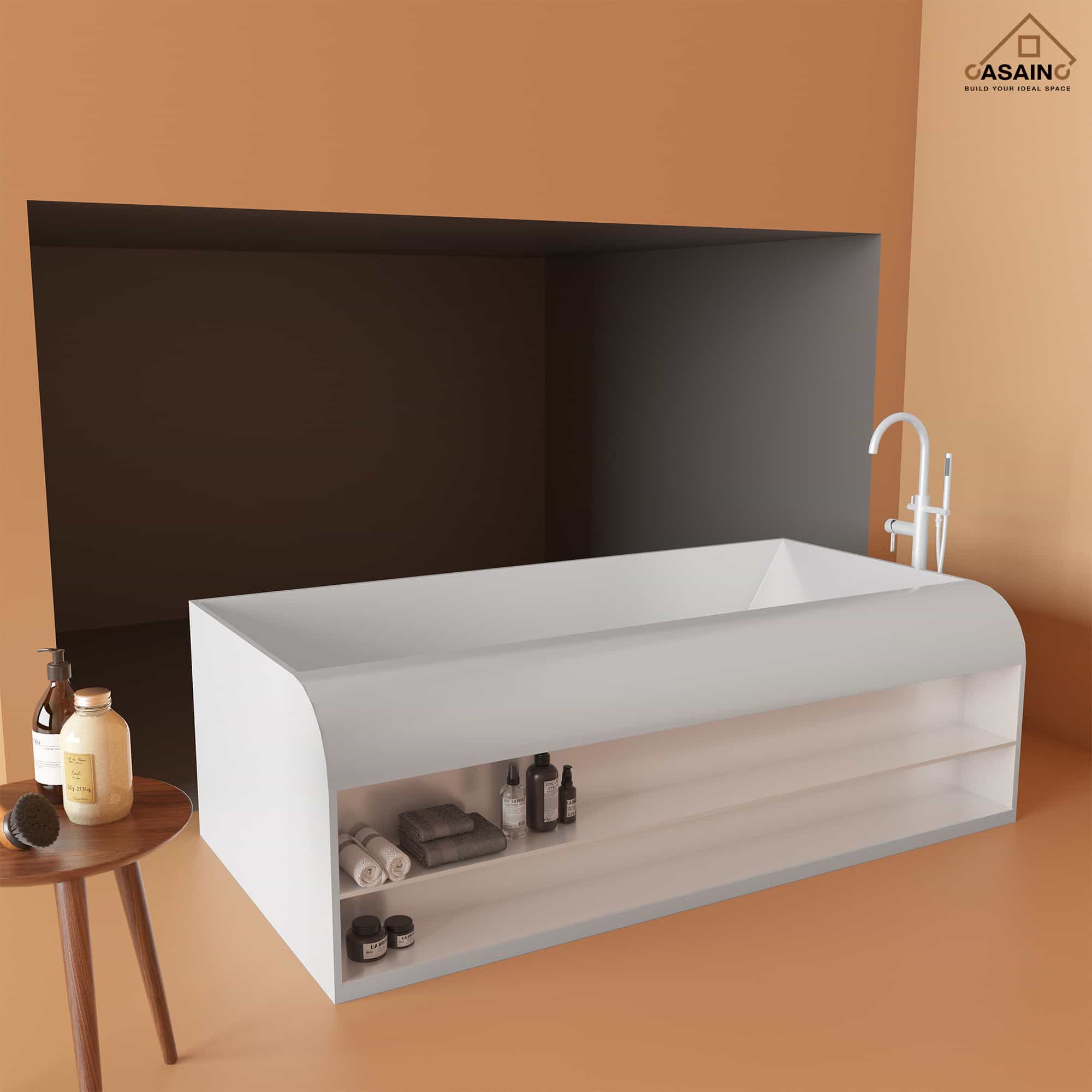CASAINC 69 Inch Matte White Freestanding Solid Surface Bathtub with Si