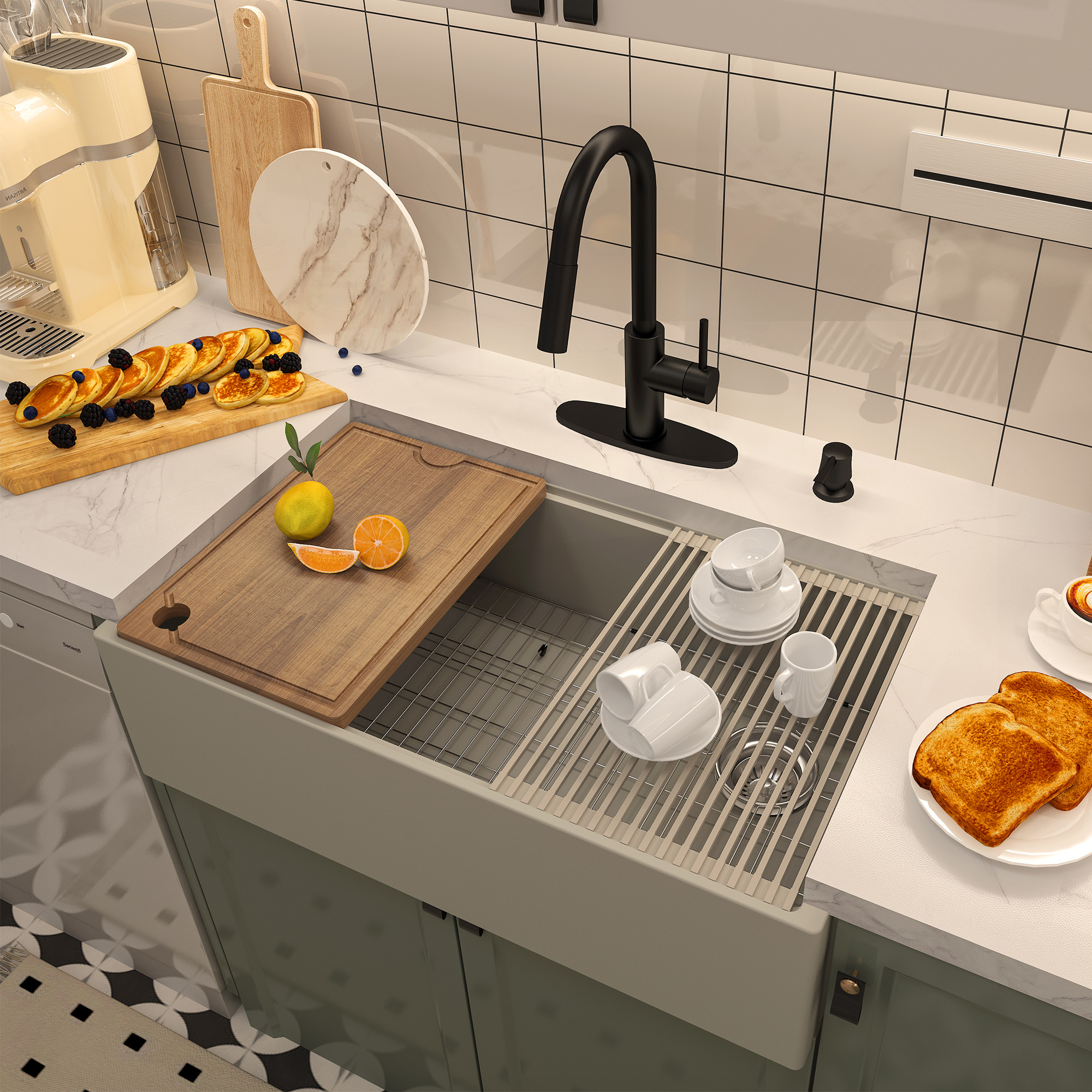 Concrete 33 in. Single Bowl Farmhouse Apron Kitchen Sink with Cutting Board, Rolling Drying Rack, Grid and Drainer Black Earth/Cold Concrete Grey