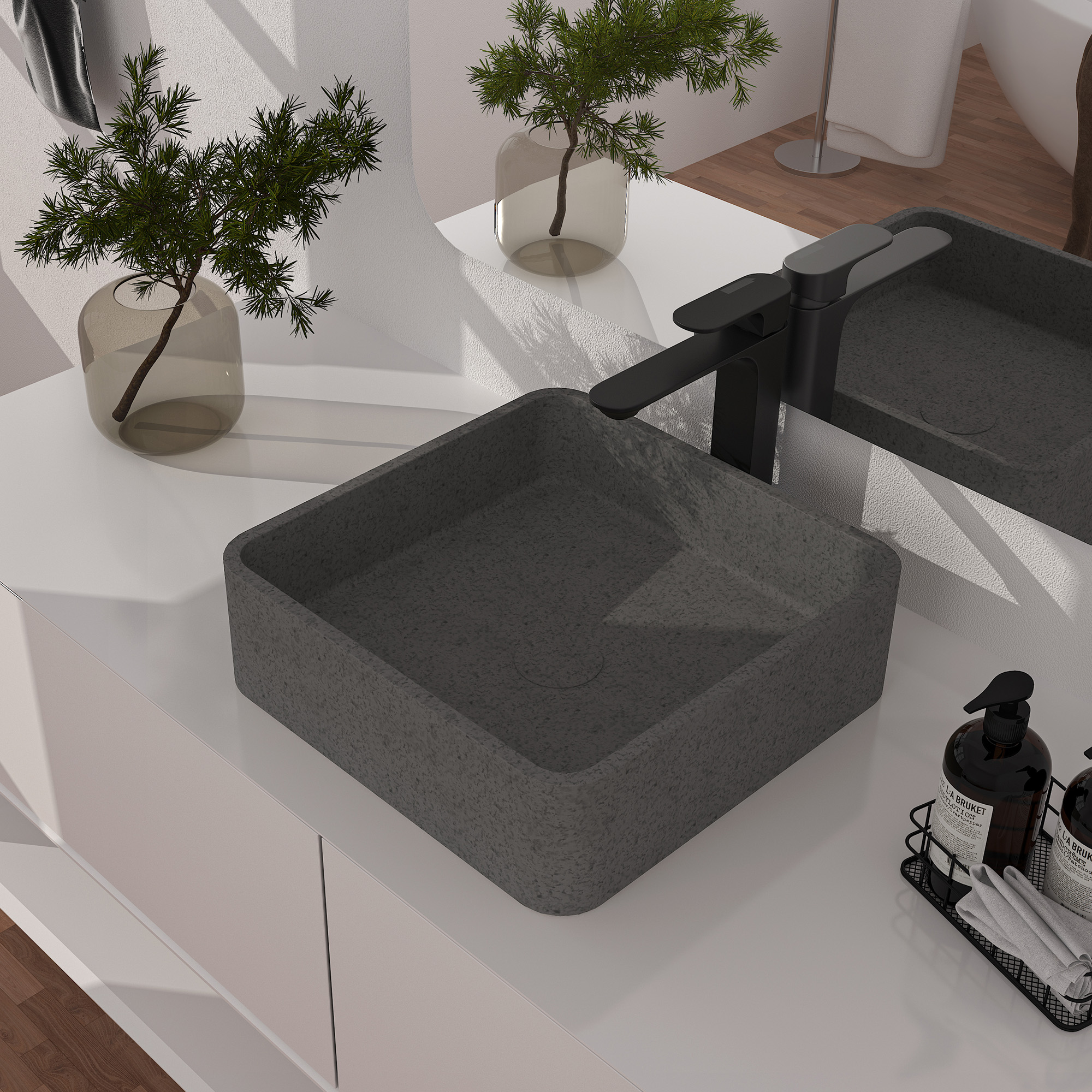 Concrete Square Vessel Sink Bathroom Art Basin with the Same Color Drainer Mottled Bluish Grey / Cold Concrete Grey / Taupe Clay