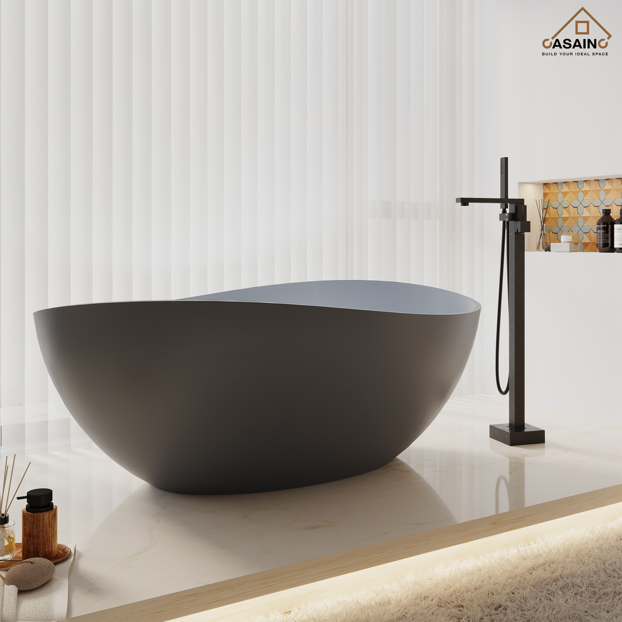 63" Solid Surface Freestanding Bathtub in (MatteBlack&Grey)
