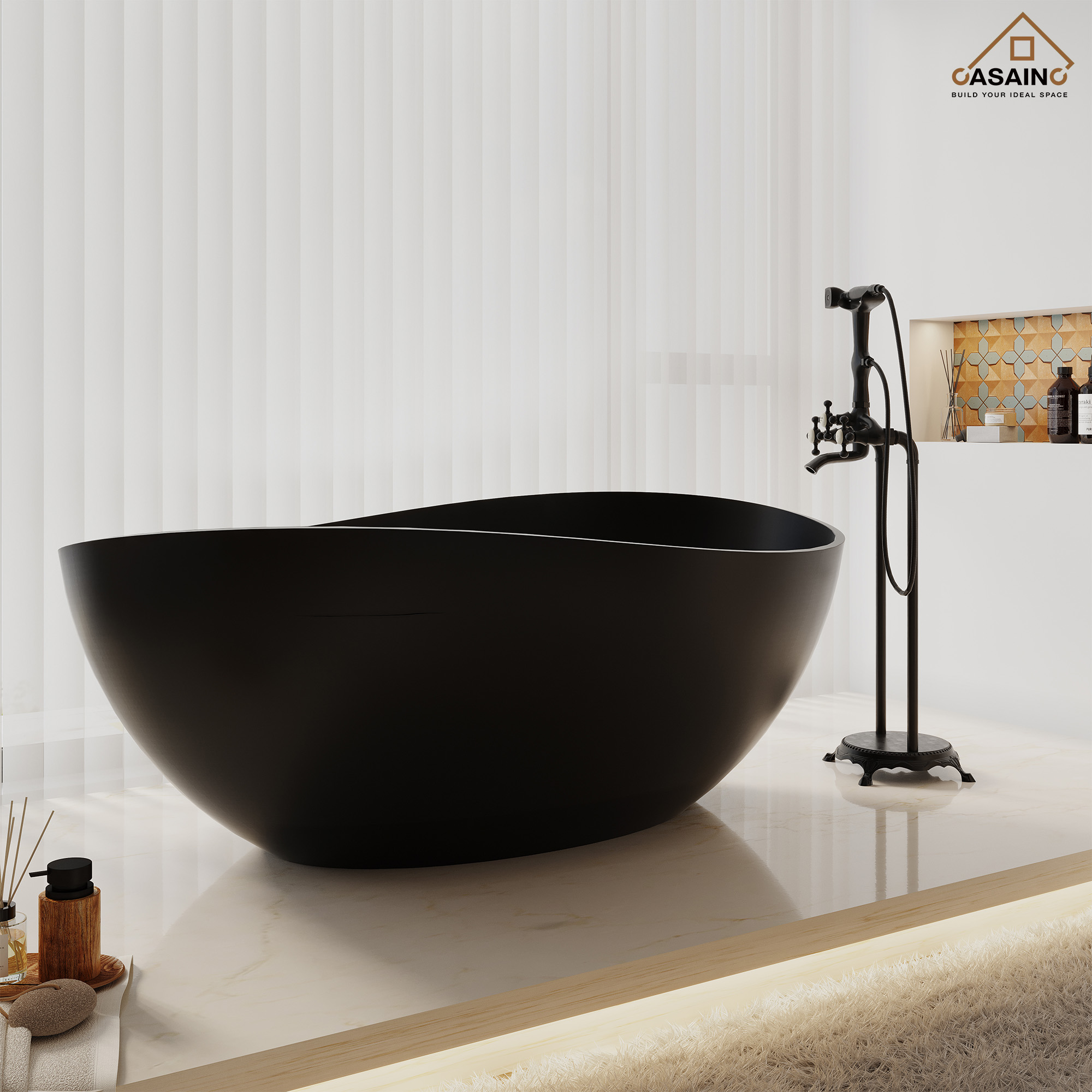 63" Solid Surface Freestanding Bathtub in (MatteBlack&Grey)