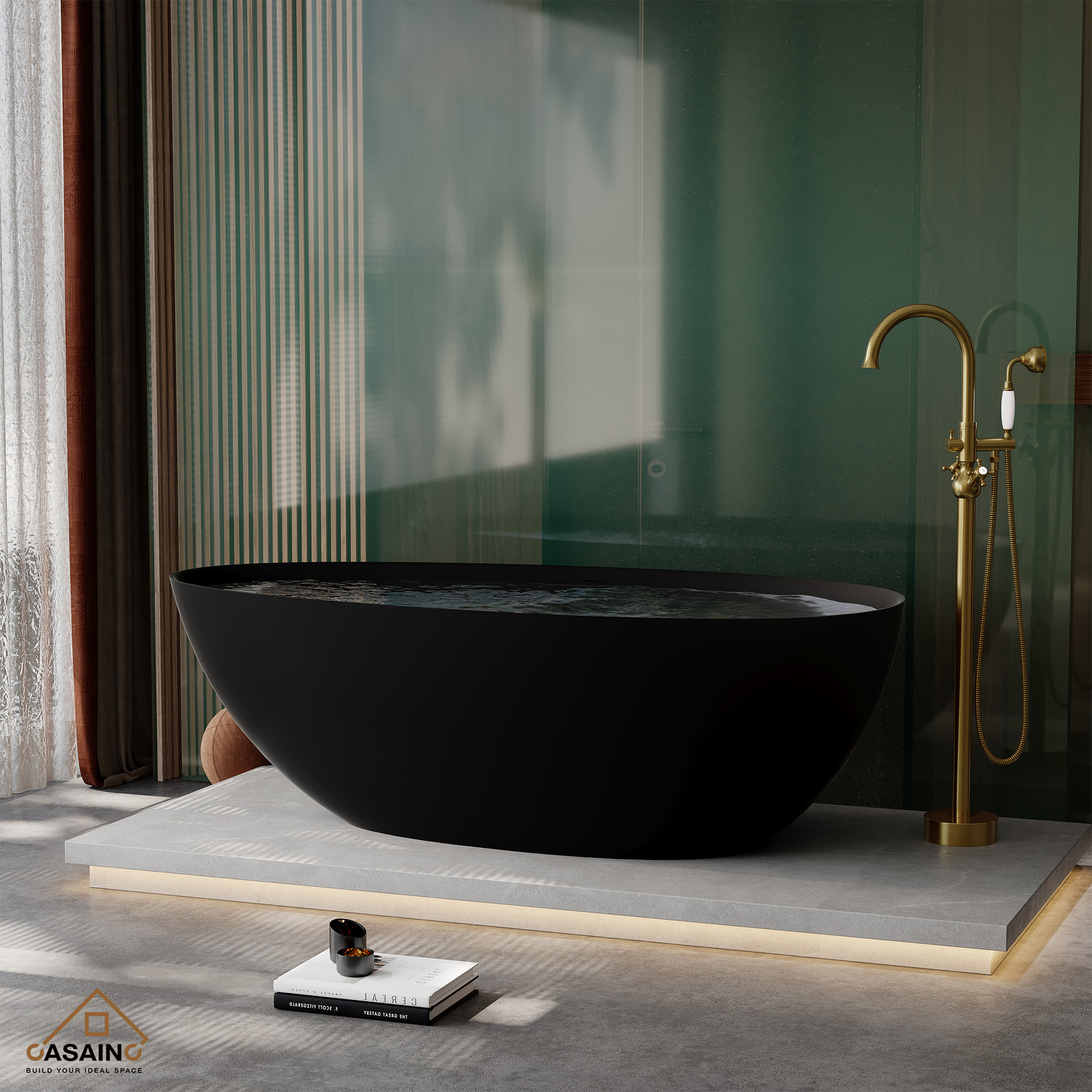 67" Solid Surface Freestanding Bathtub in (Matte Black& Grey)