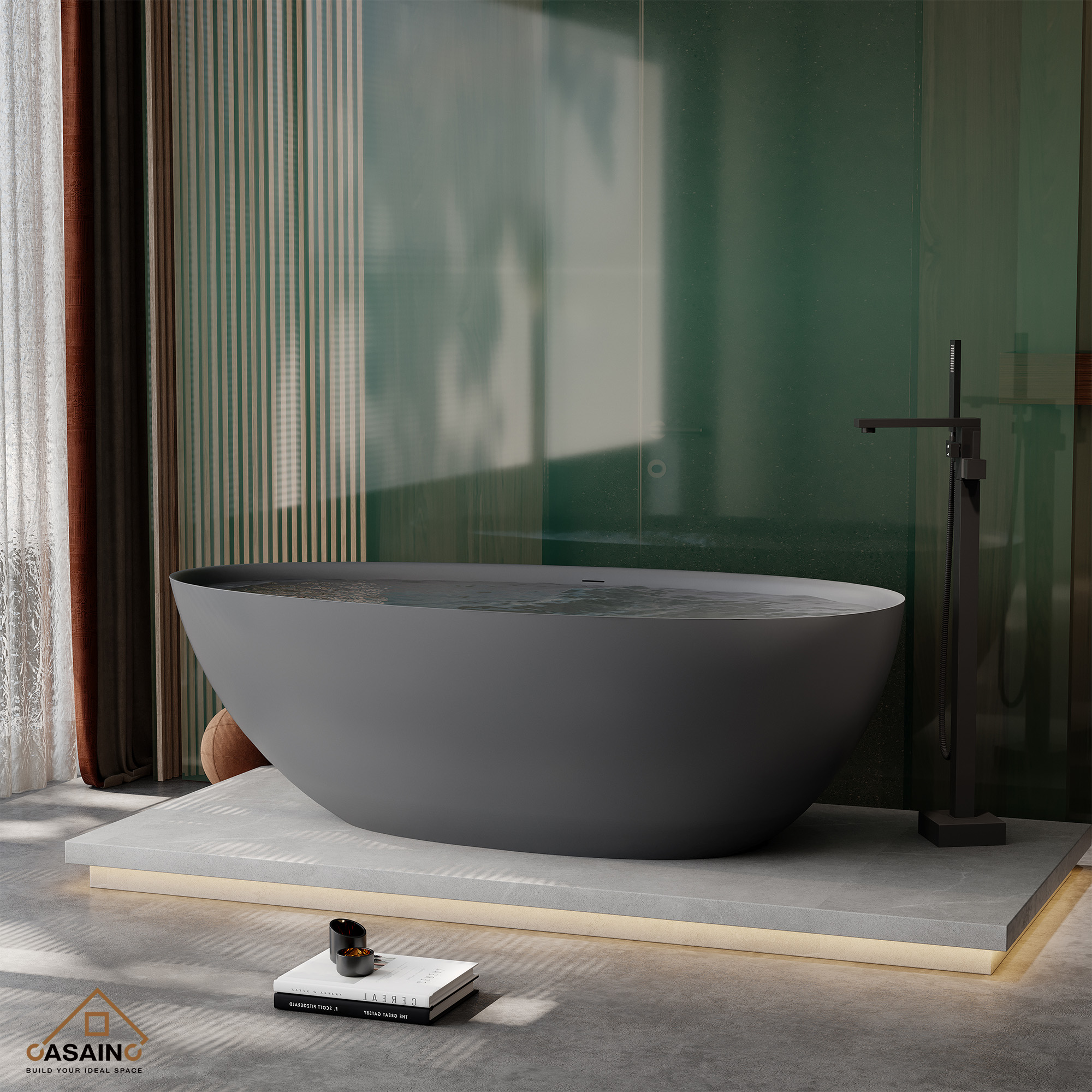 67" Solid Surface Freestanding Bathtub in (Matte Black& Grey)