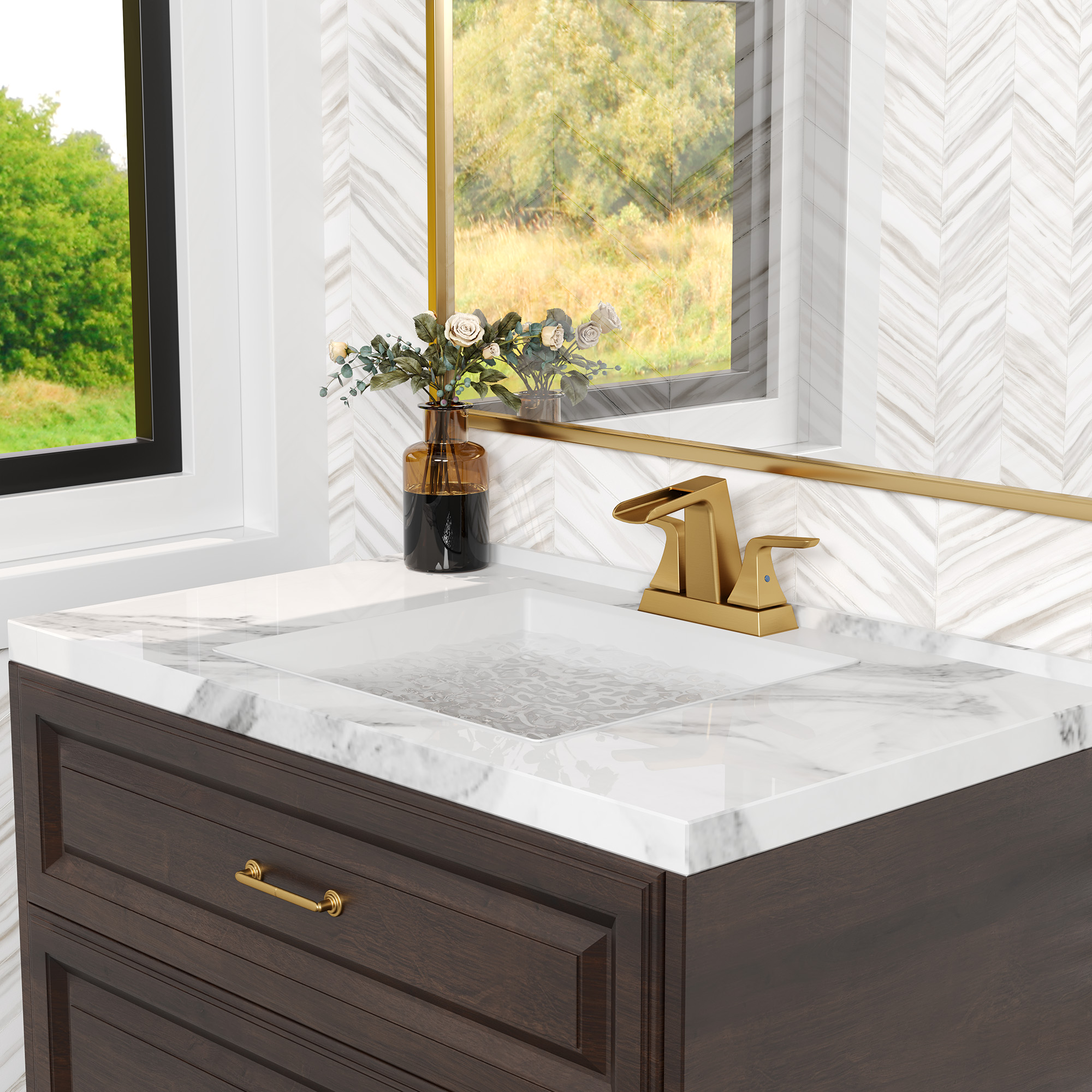 2 Handle Waterfall Brass Bathroom Sink Faucet 4 Inch Center Set 2-3 Hole RV Modern Bath Vanity Faucet Deck Mount with Metal Pop Up Drain and Supply Line