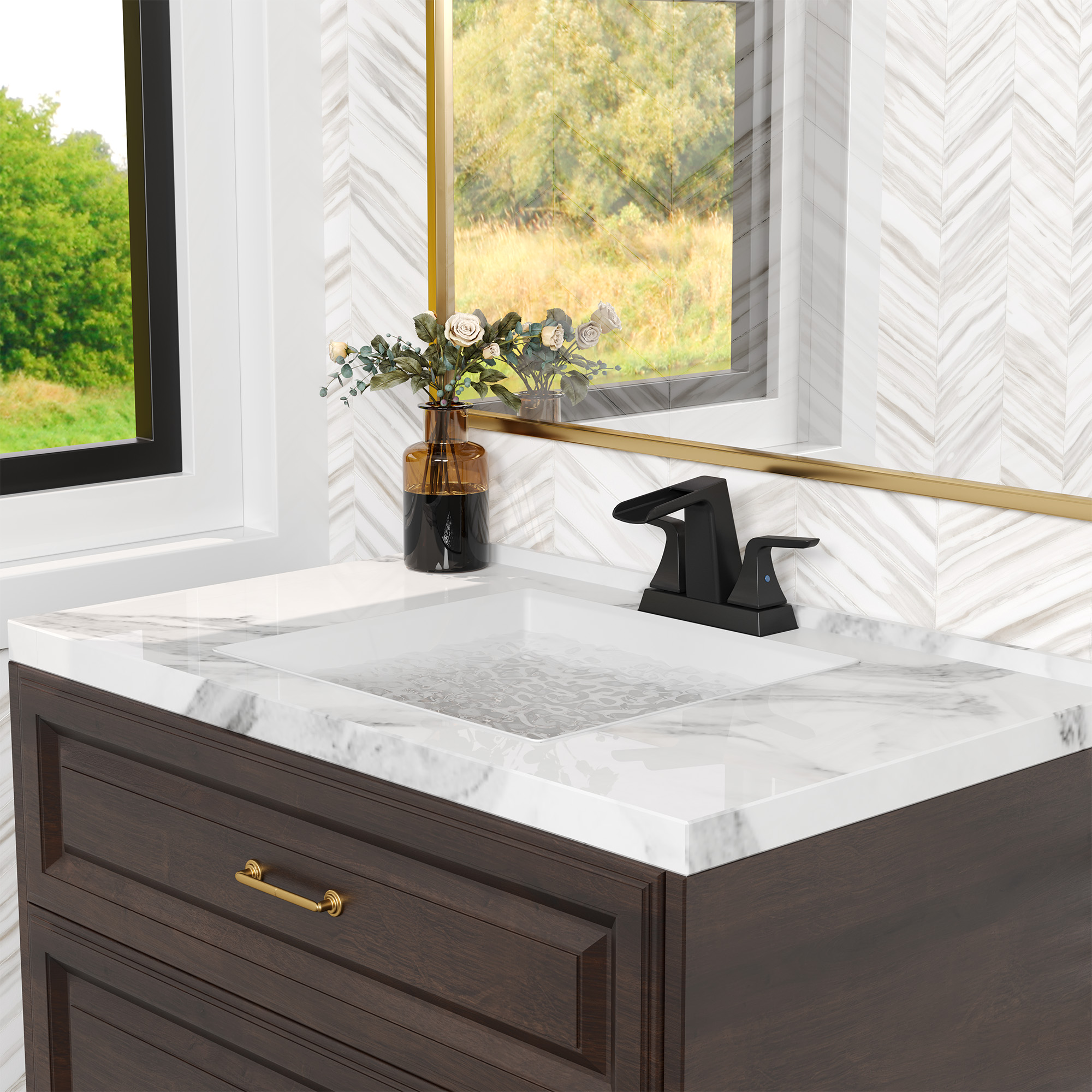 2 Handle Waterfall Brass Bathroom Sink Faucet 4 Inch Center Set 2-3 Hole RV Modern Bath Vanity Faucet Deck Mount with Metal Pop Up Drain and Supply Line