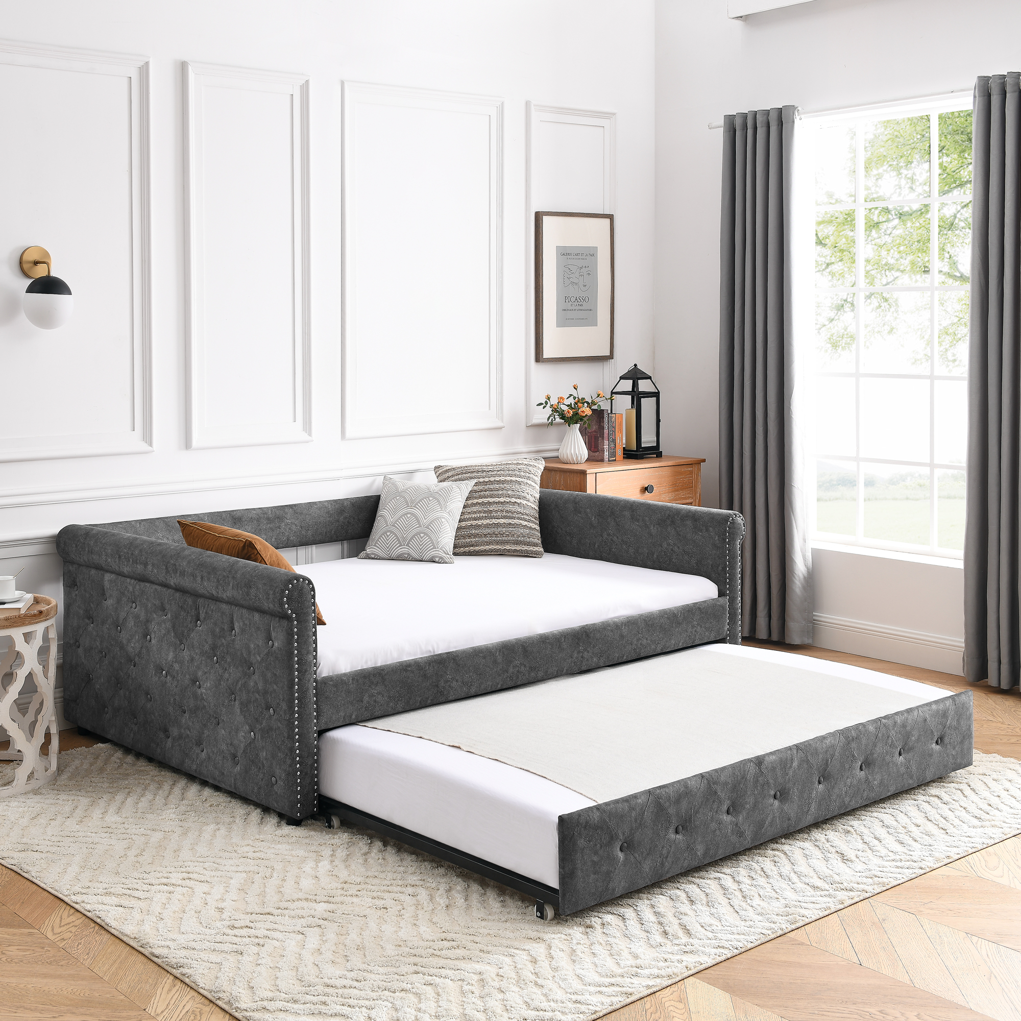 Daybed with Trundle Upholstered Tufted Sofa Bed, with Button and Copper Nail on Arms，Full Daybed  Twin Trundle, Grey（85.5&ldquo;x57&rdquo;x30.5&ldquo;）-CASAINC