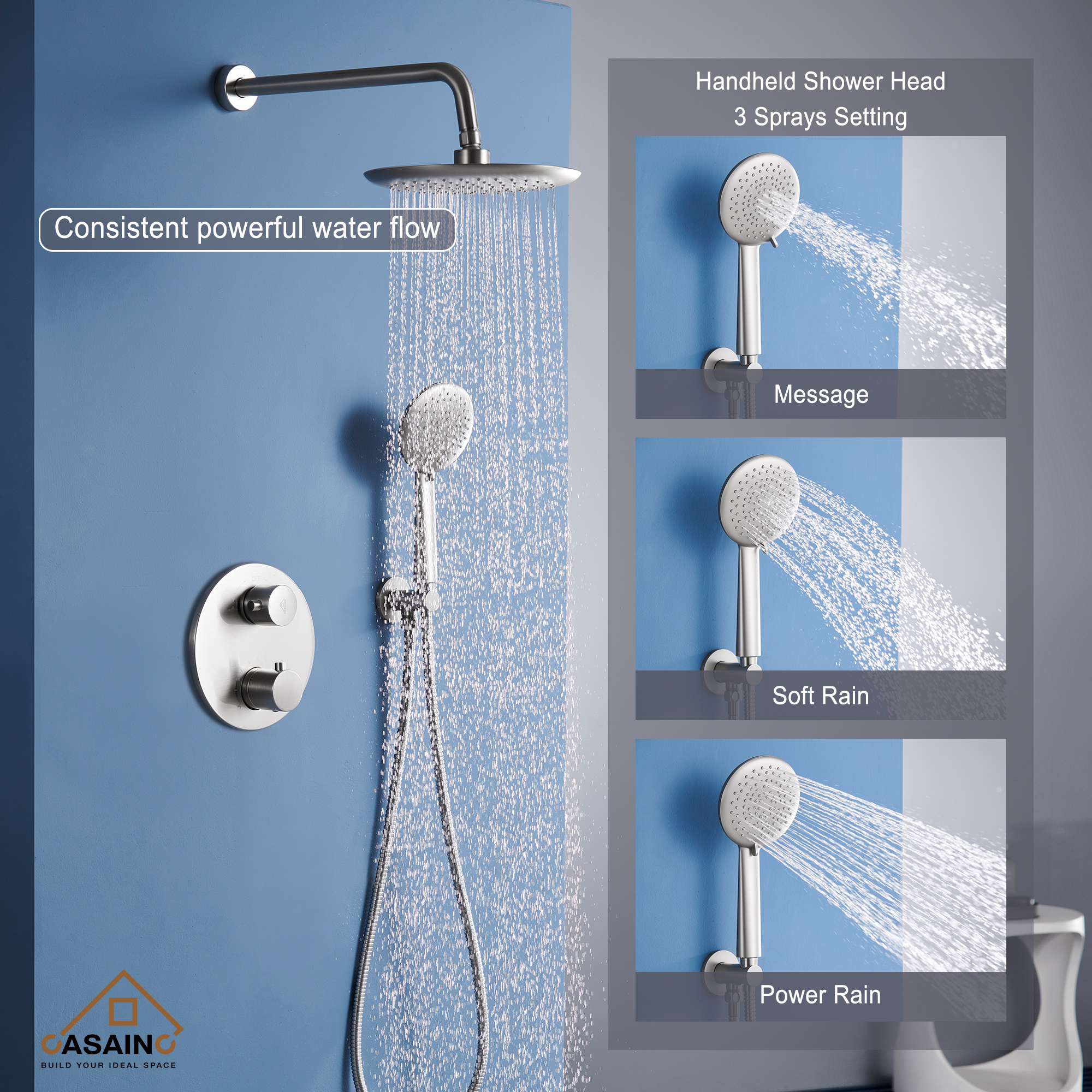 CASAINC 9inch Round Thermostatic rain shower faucet  (matte black)