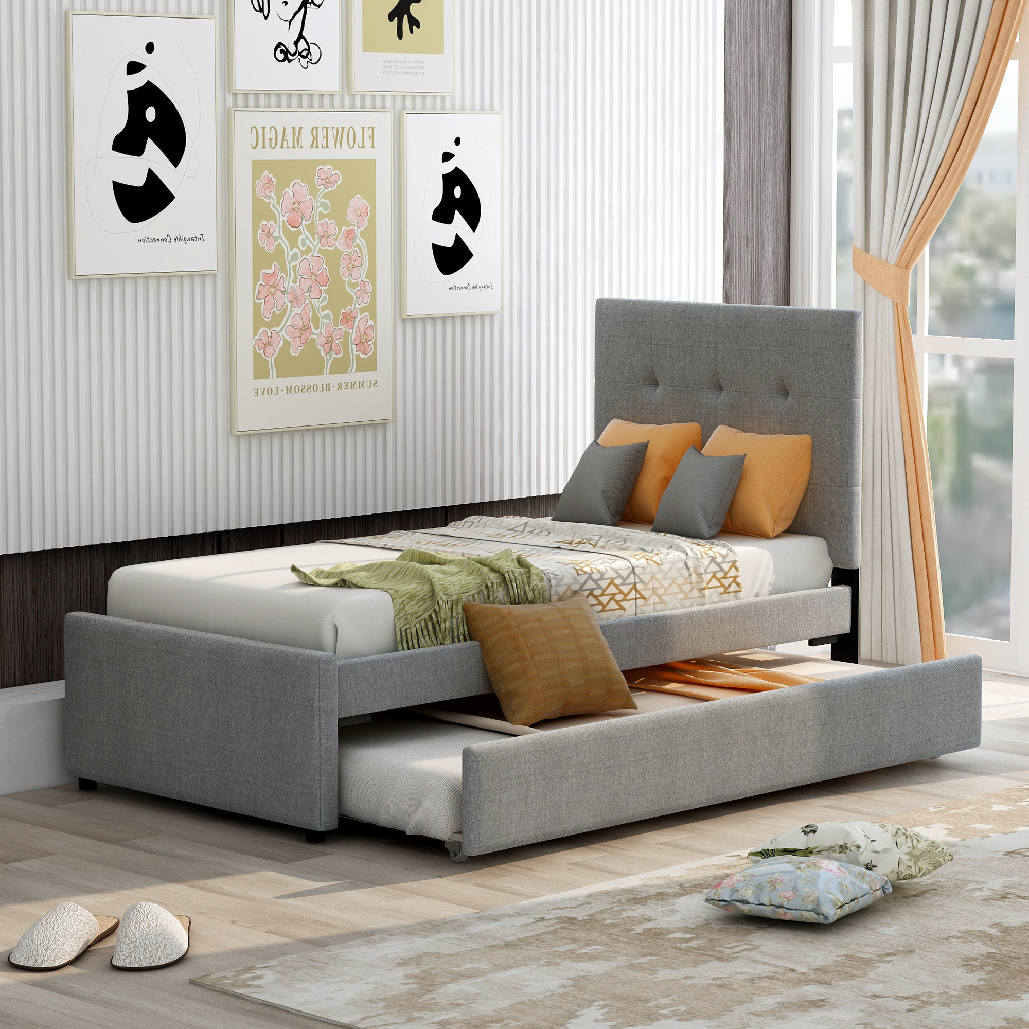 Linen Upholstered Platform Bed With Headboard and Trundle, Twin-CASAINC