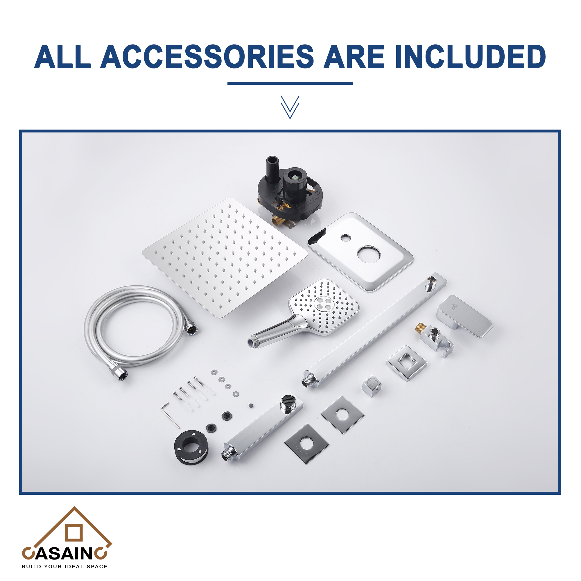 CASAINC 10 inch Square Wall-mounted rain shower faucet with pressure balanced valve