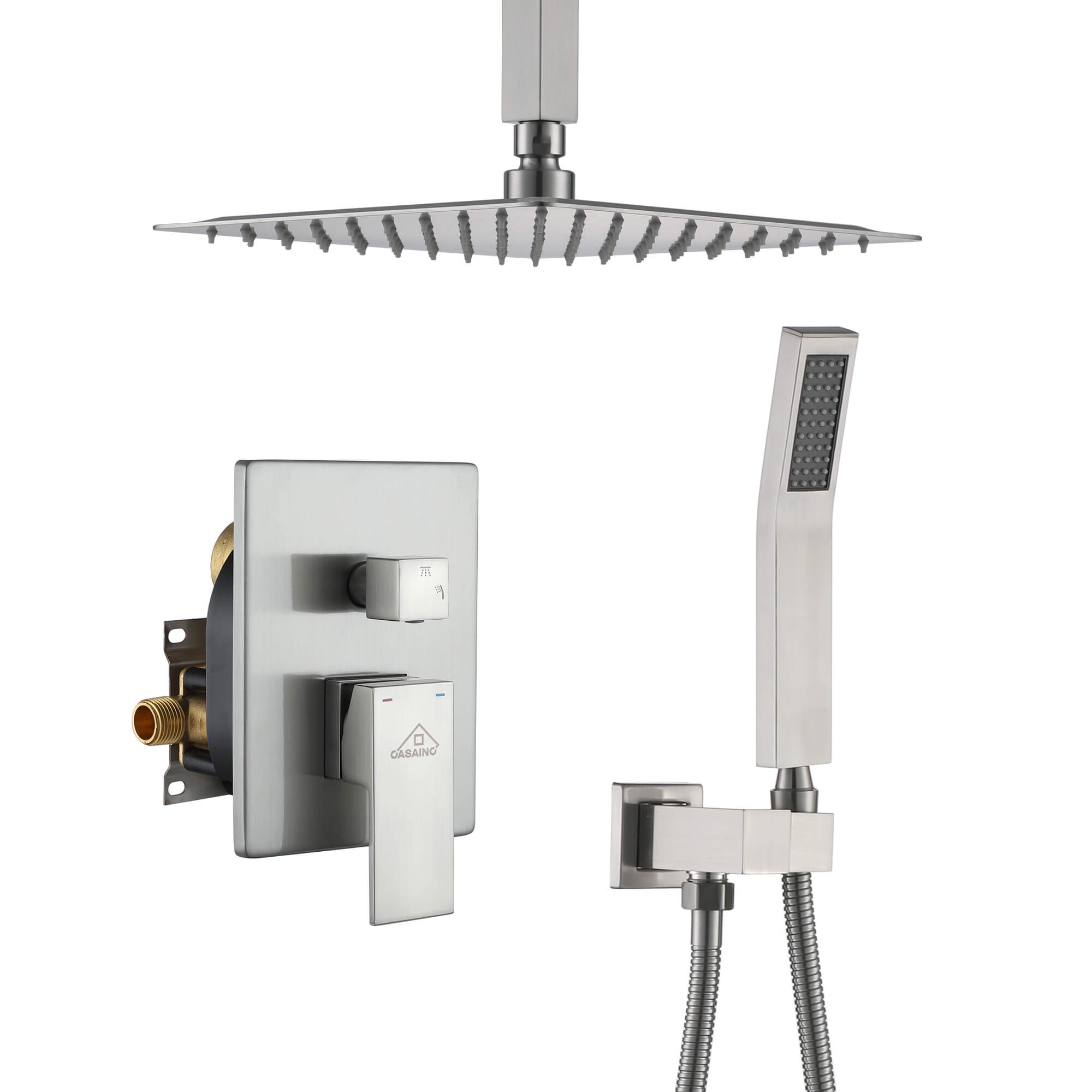 CASAINC 2-Function Shower System with Handheld Shower in Brushed Nickel/Matte Black, Ceiling Mount