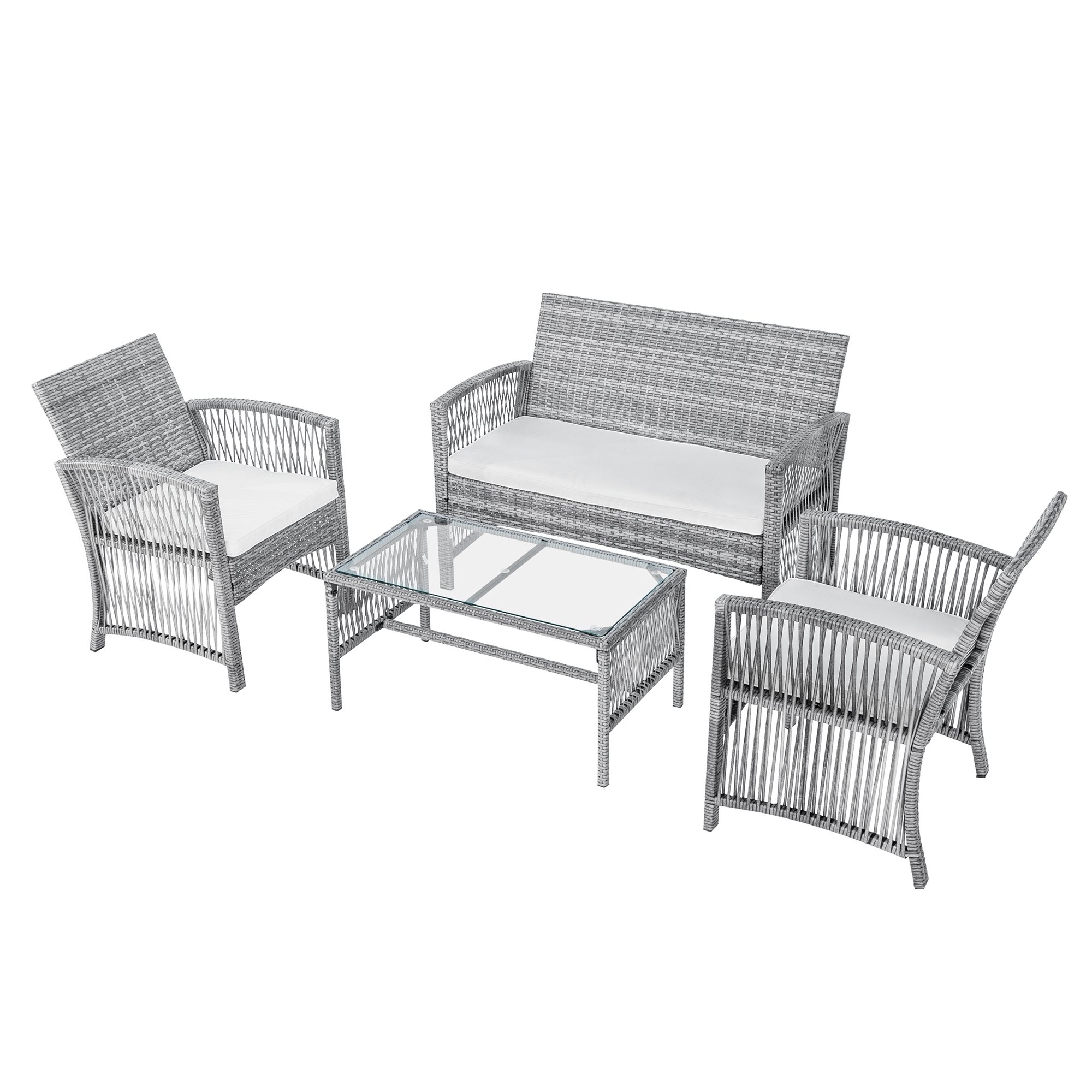 4 Pieces Outdoor Furniture Rattan Chair & Table Patio Set Outdoor Sofa for Garden, Backyard, Porch and Poolside, Gray-CASAINC
