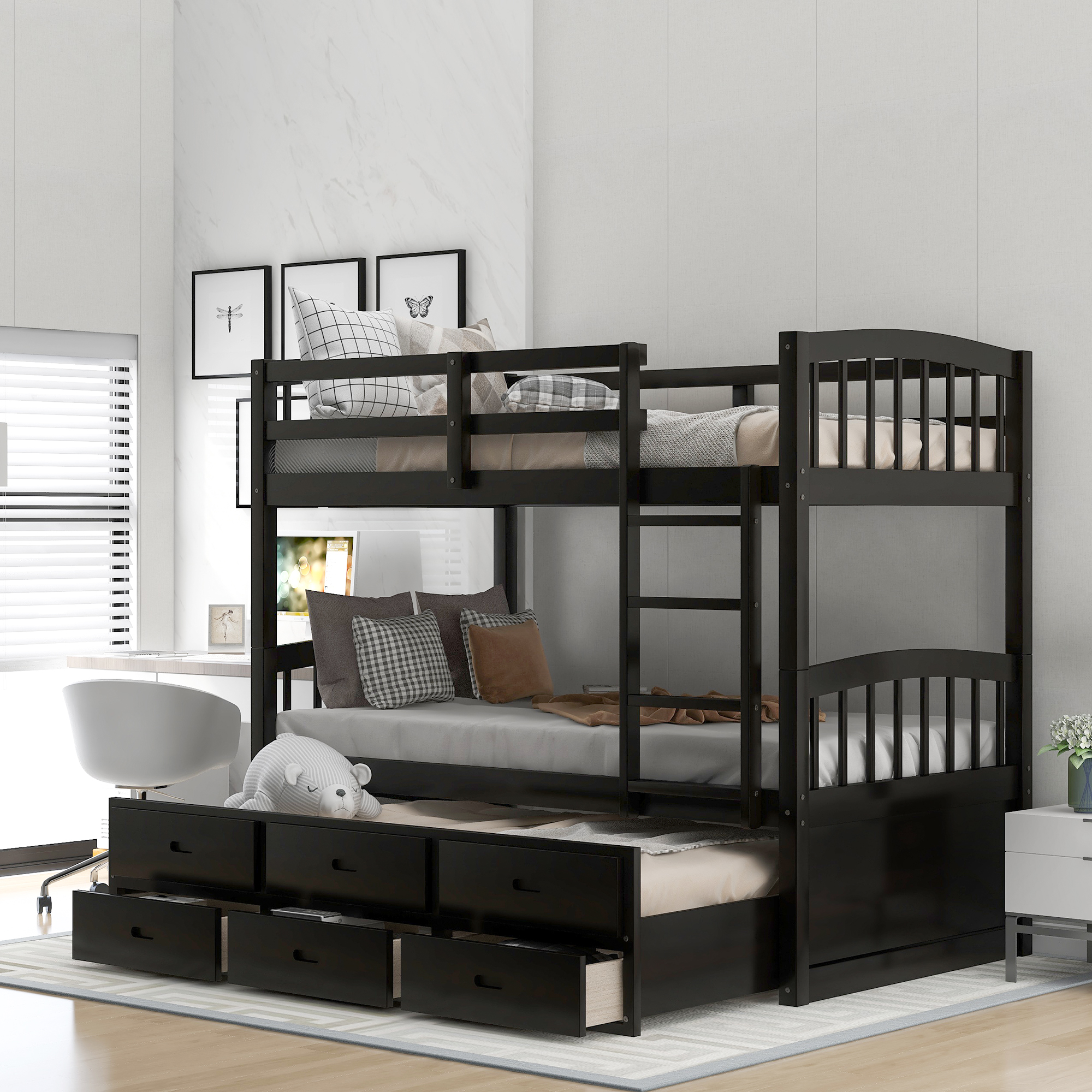 Twin over Twin Wood Bunk Bed with Trundle and Drawers, Espresso-CASAINC