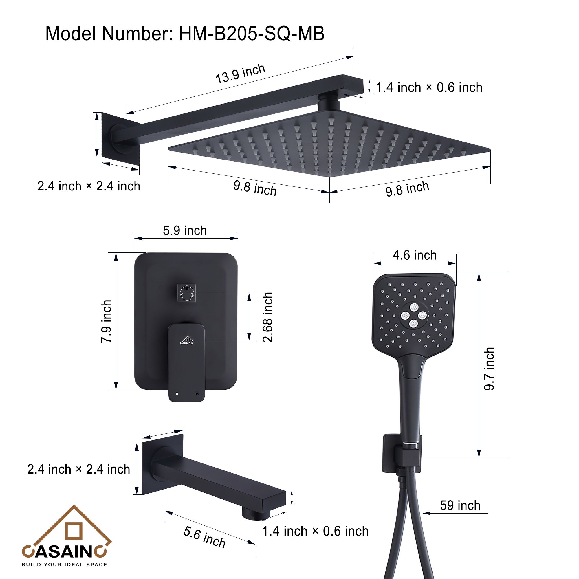 CASAINC 10 inch Square Wall-mounted rain shower faucet with pressure balanced valve