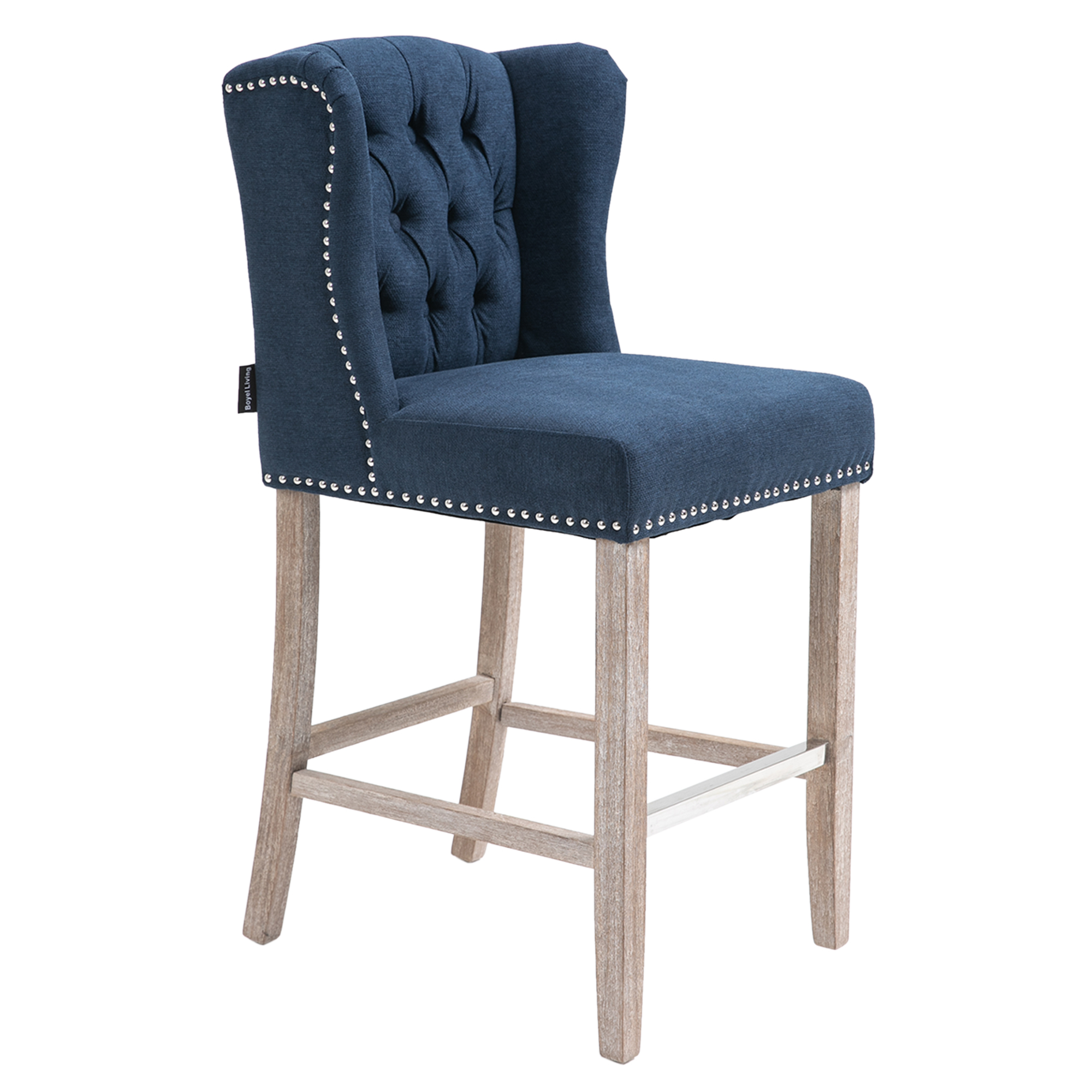 41 in. Classic Navy Blue Terry Fabric Nail-head Tufted Bar Stool with Sturdy Solid Wood Legs, Set of 2-CASAINC