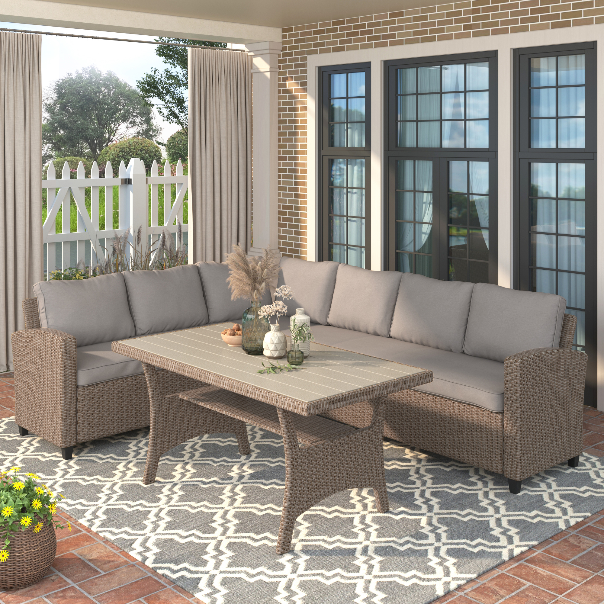 TOPAMX Patio Outdoor Furniture PE Rattan Wicker Conversation Set All-Weather Sectional Sofa Set with Table  Soft Cushions (Brown)-CASAINC