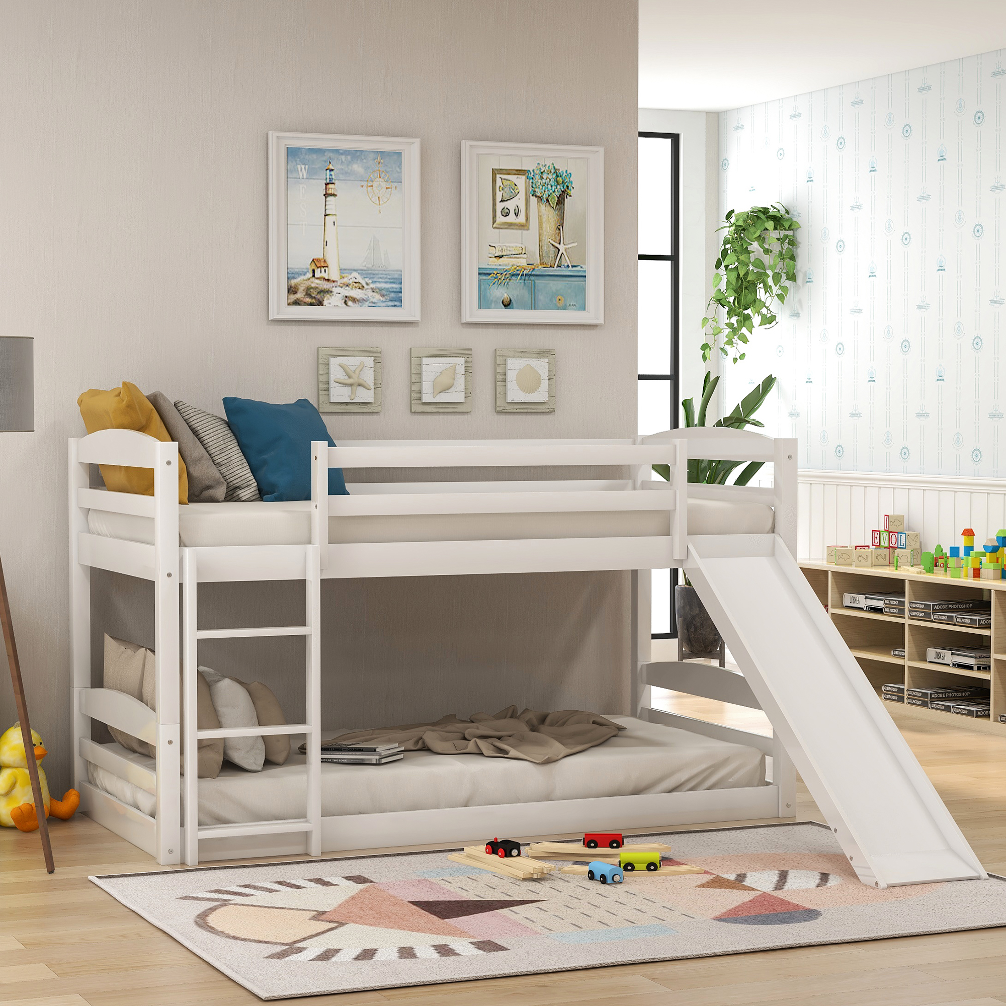 Twin over Twin Low Bunk Bed with Slide and Ladder (white)-CASAINC