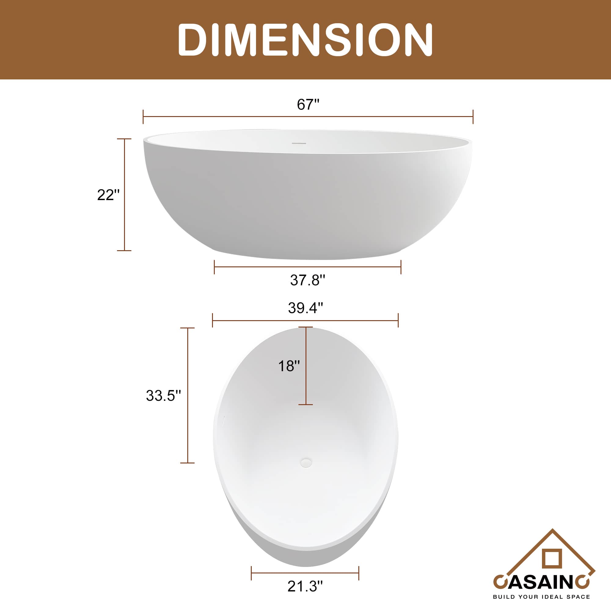 CASAINC 67 Inch Artificial Stone Resin Composite Flatbottom Walk in Bathtub in White 