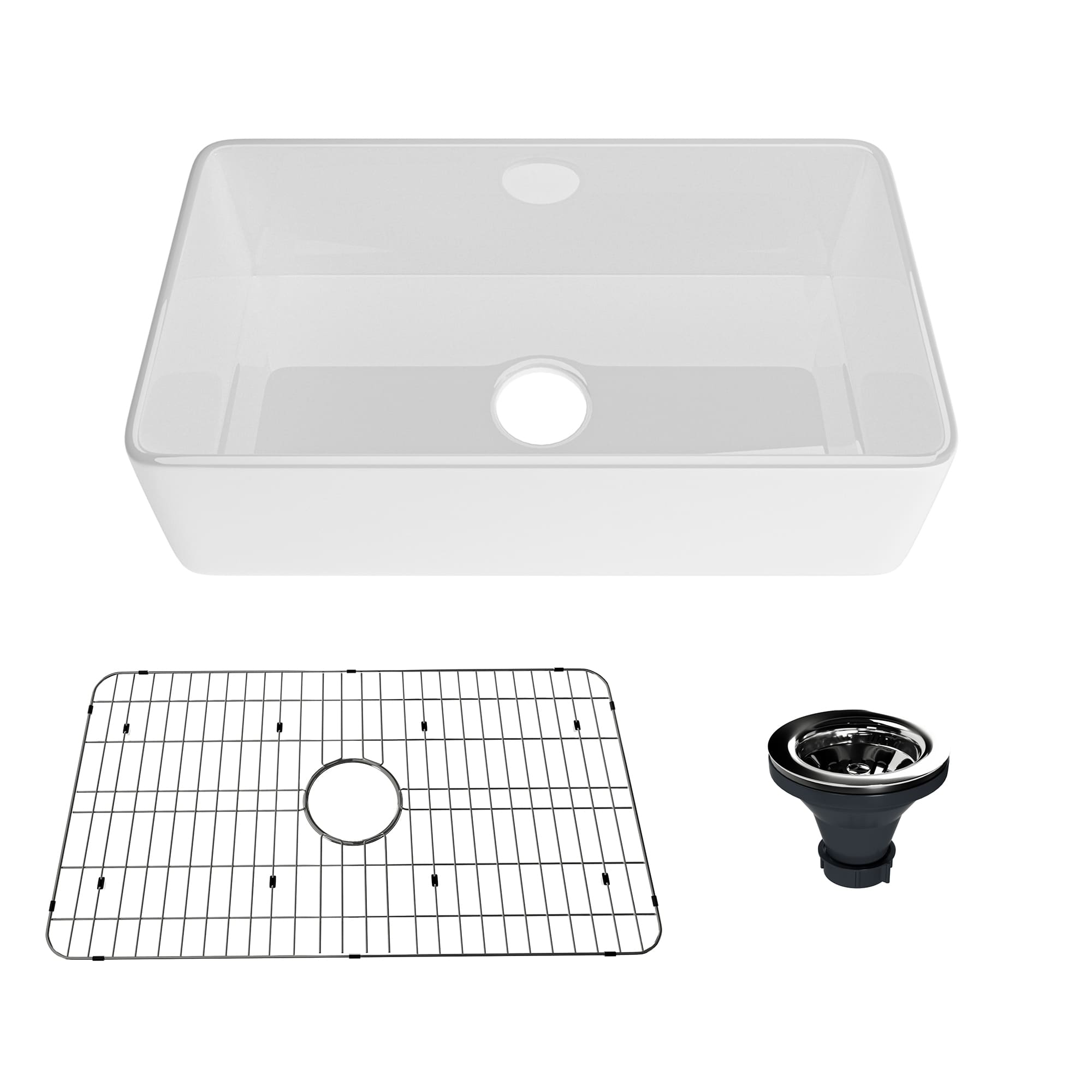 Fireclay 33 in. Single Bowl Farmhouse Apron Kitchen Sink with Bottom Grid and Strainers With cUPC Certified, in White Glossy/Matte Black