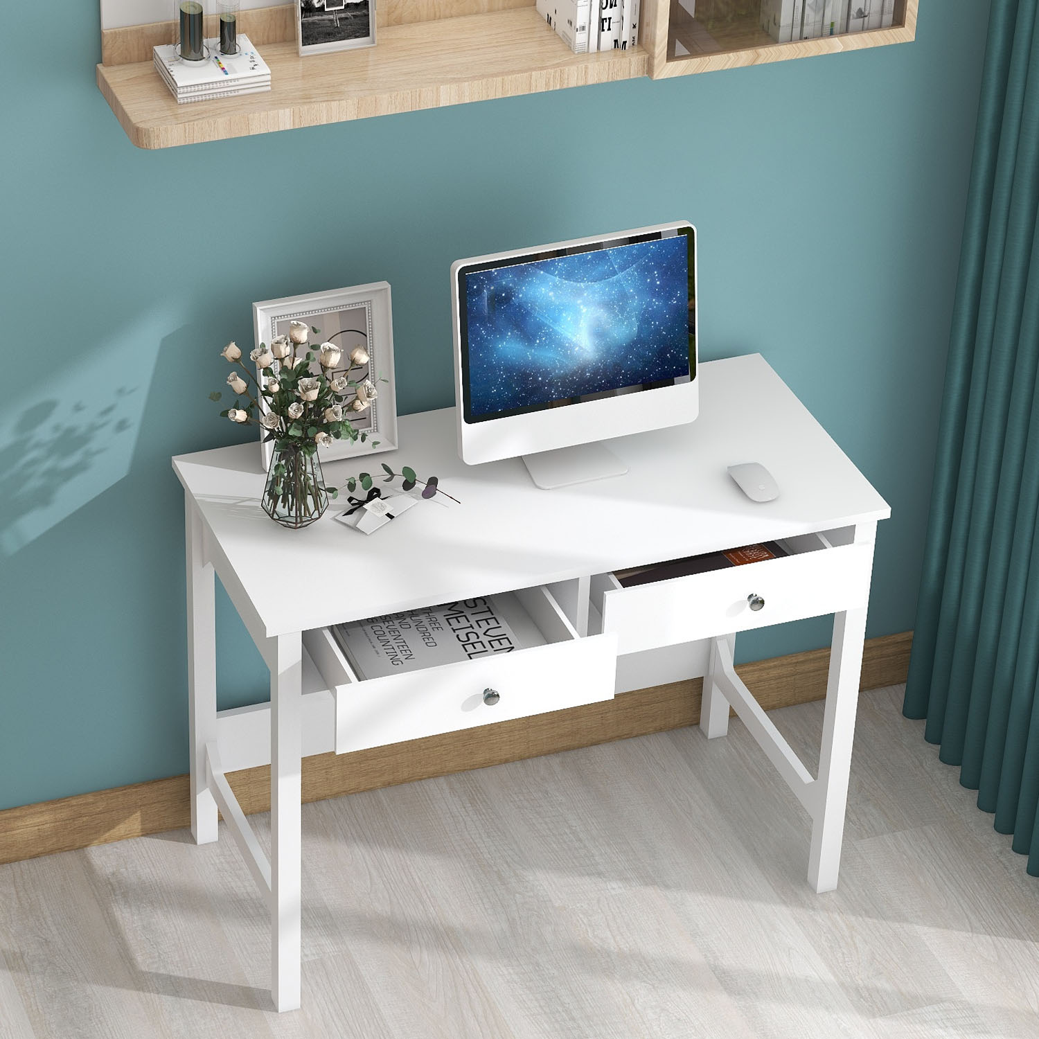 White Writing Desk with 2 Drawers Bedroom, Modern Wooden Den Classic Writing Desk for Adult/Student, Home Office, Dresser Makeup Dresser, Laptop Desk.-CASAINC