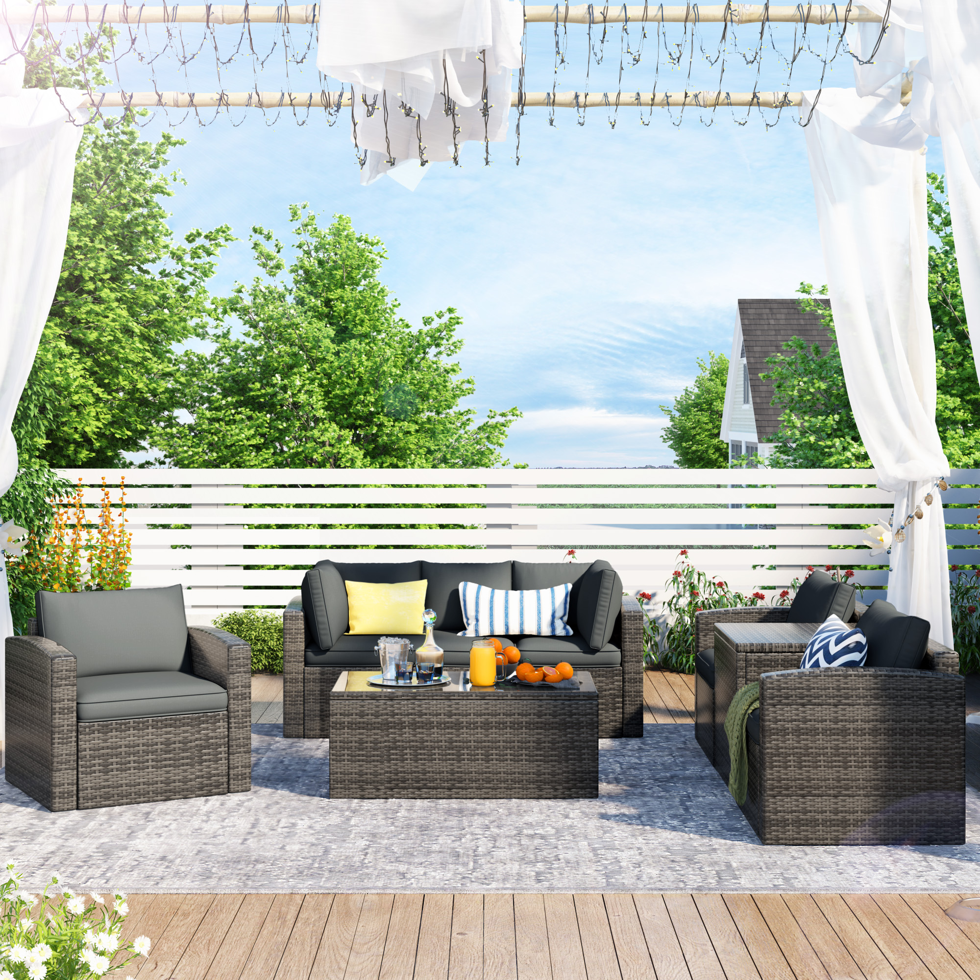 U_STYLE Patio Furniture Sets, 7-Piece Patio Wicker Sofa , Cushions, Chairs , a Loveseat , a Table and a Storage Box-CASAINC