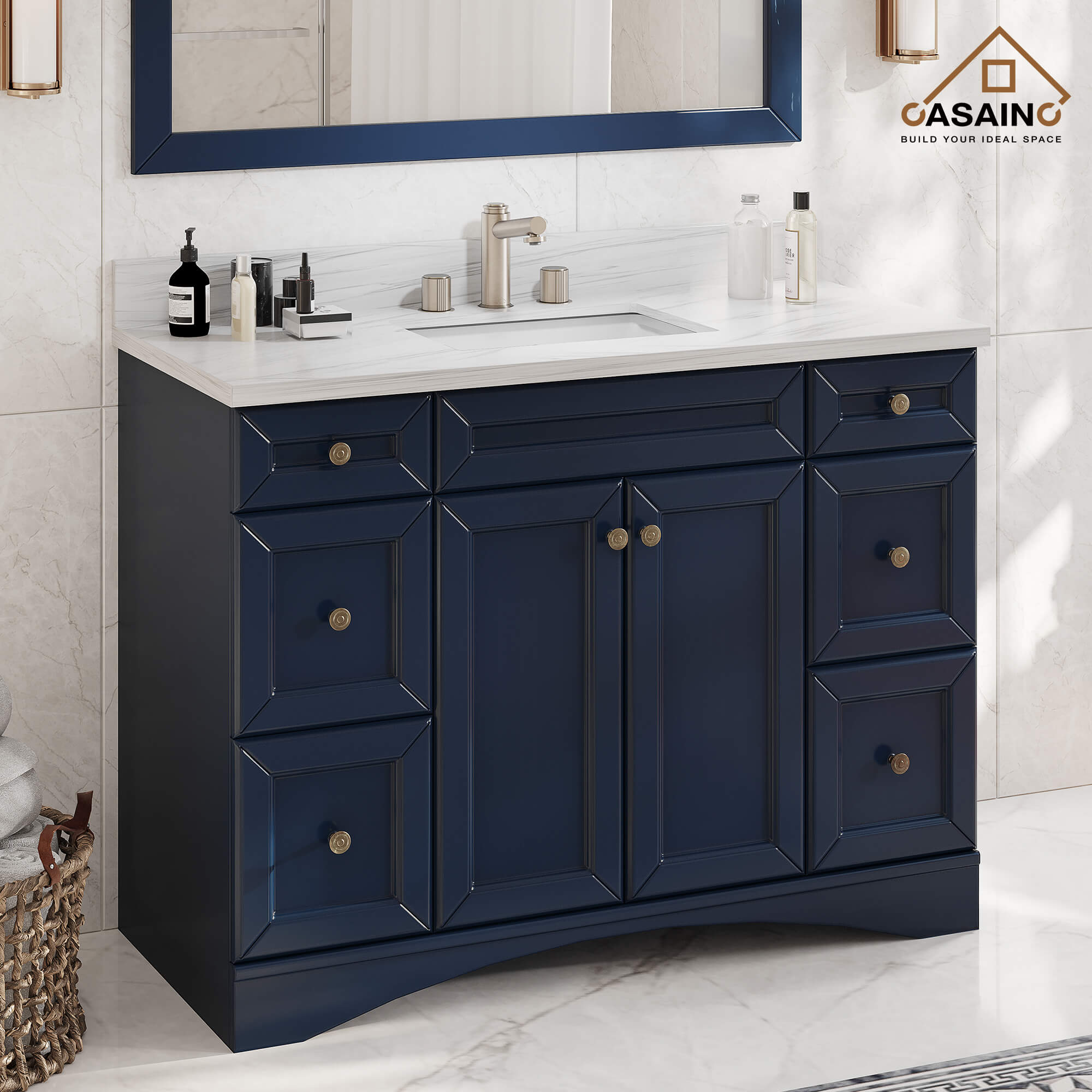 CASAINC 48 x 22 x 35.4 in. Solid Wood Navy Blue Bath Vanity with Carrara White Marble Countertop (No/With Mirror)
