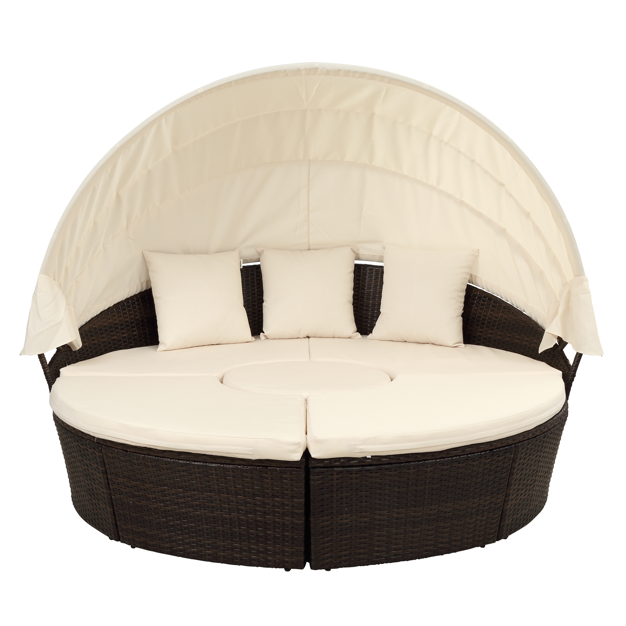 Patio Furniture Round Outdoor Sectional Sofa Set Rattan Daybed Sunbed with Retractable Canopy, Separate Seating and Removable Cushion (Beige)-CASAINC