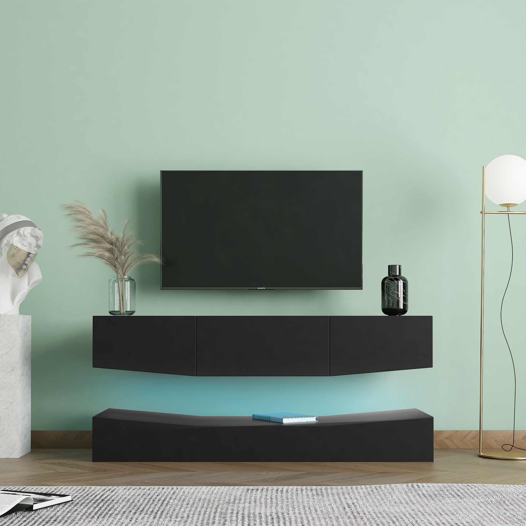 LED TV Stand for 55 inch TV, Modern Entertainment Center with LED Lights, TV  Media Furniture Console for Under TV Living Game Room Bedroom,Black-CASAINC