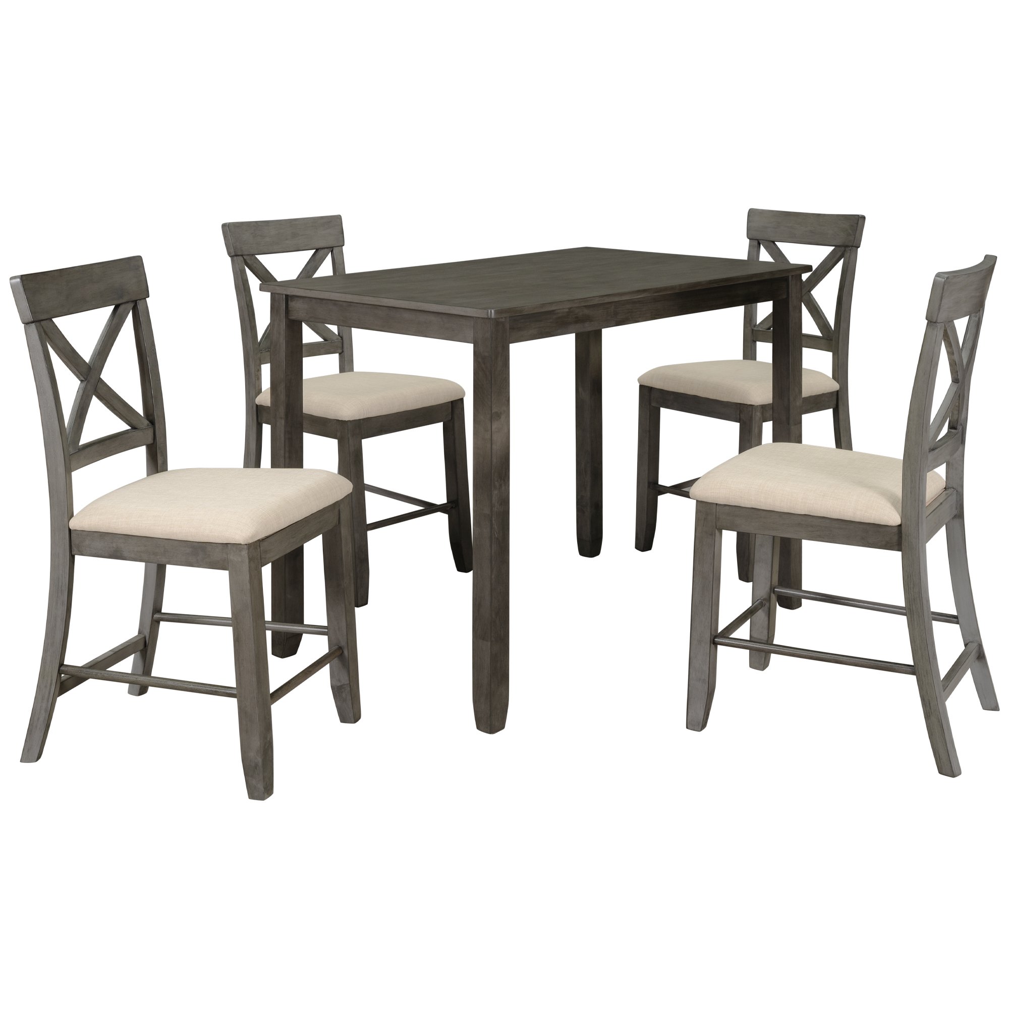 Wood 5-Piece Counter Height Dining Table Set with 4 Upholstered Chairs, Gray-CASAINC