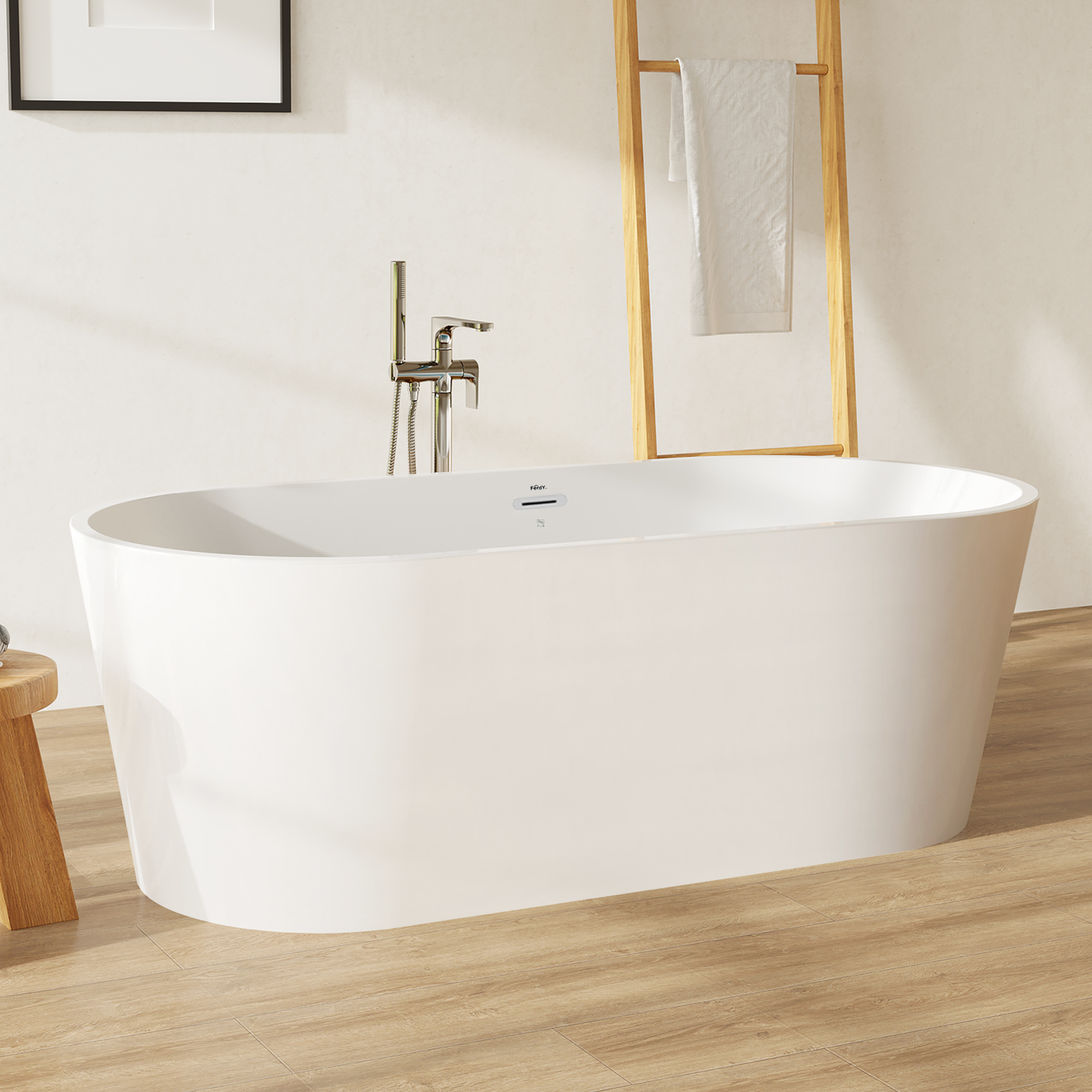 66 inch Acrylic Freestanding Bathtub, Small Classic Oval Shape Acrylic Soaking Bathtub with Brushed Nickel Drain & Minimalist Linear Design Overflow, Modern White-CASAINC