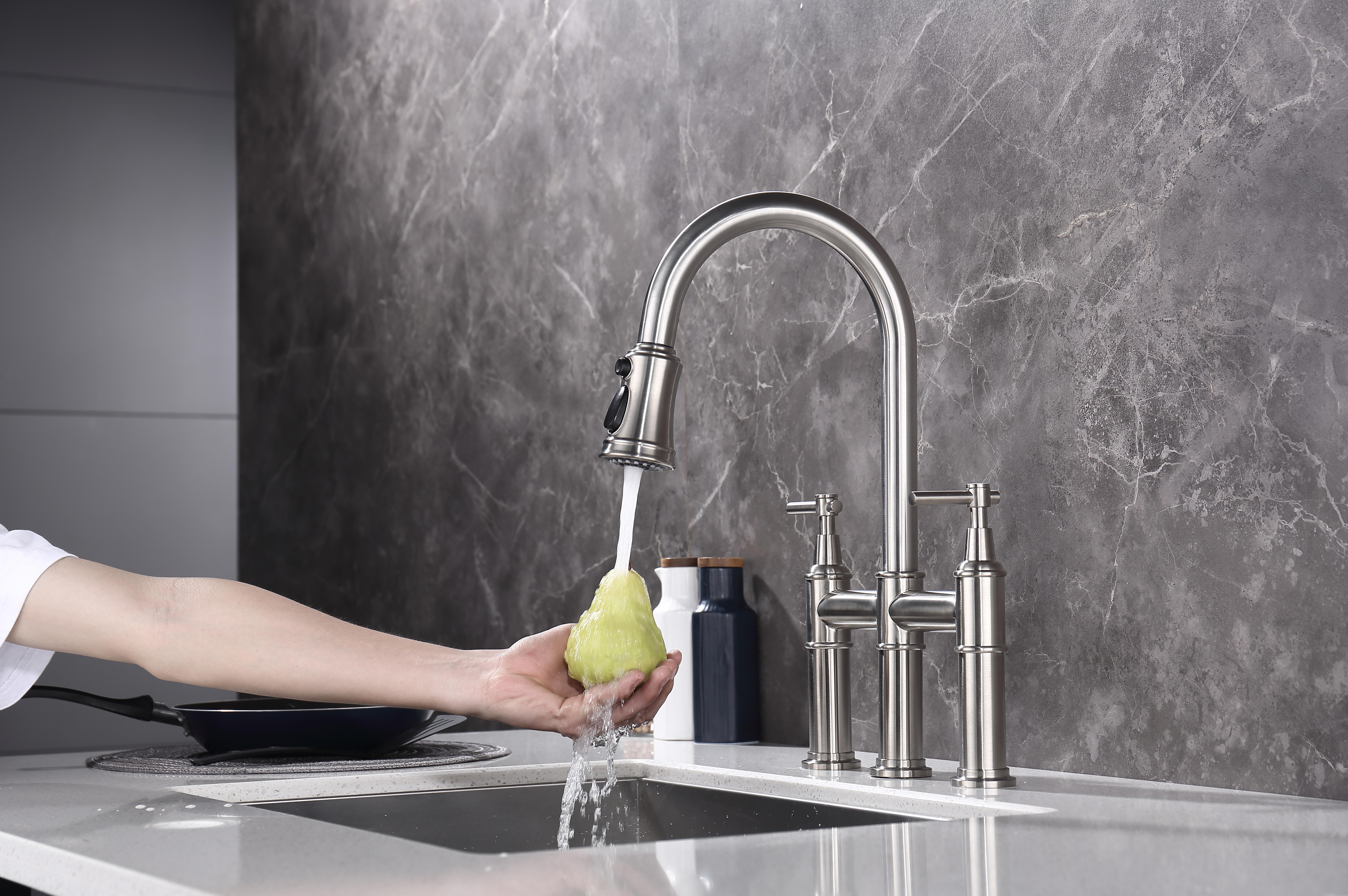 Bridge Kitchen Faucet with Pull-Down Sprayhead in Spot