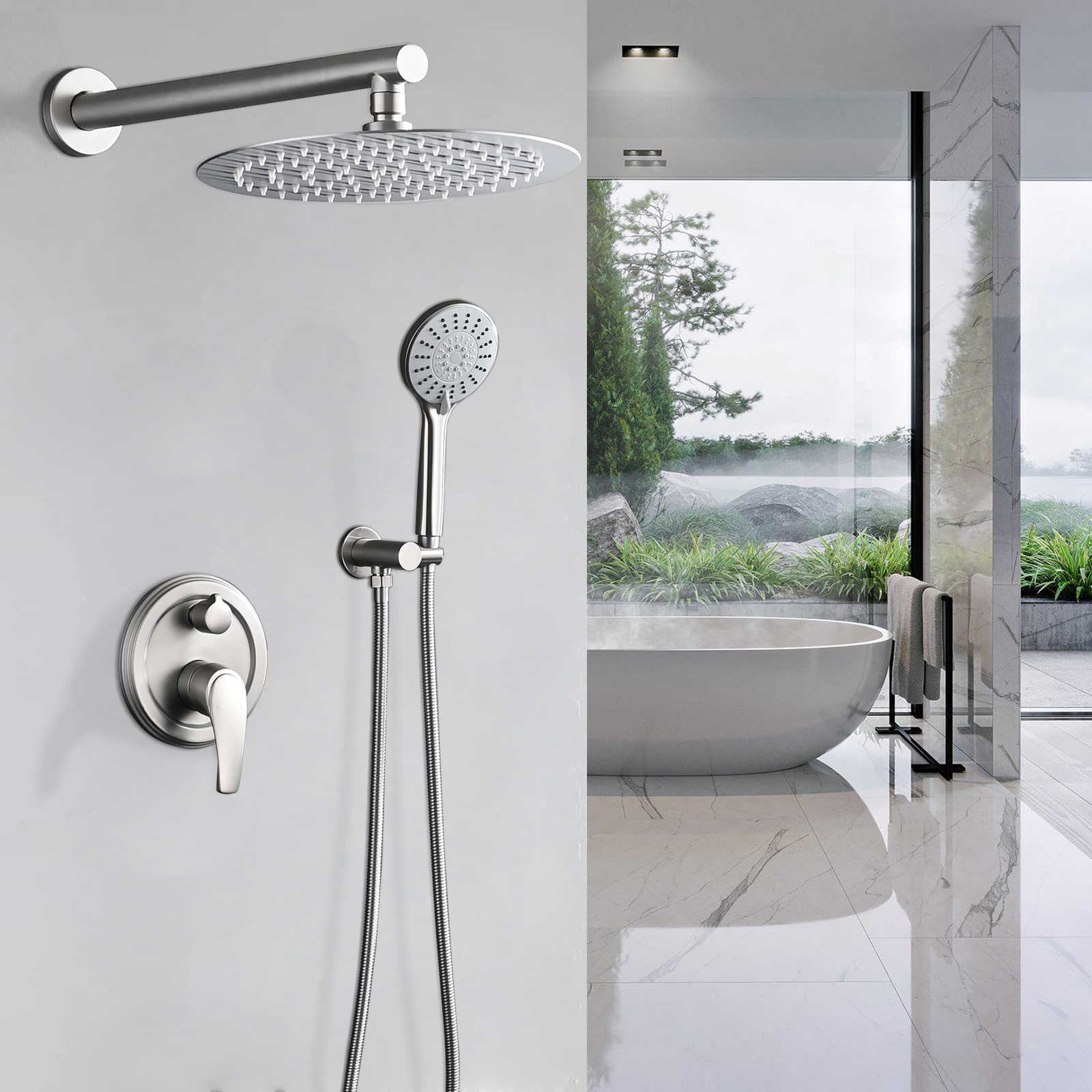 10 Inches Wall Mounted Shower with High Pressure Rain Shower Head and 5-Function Handheld Shower Head