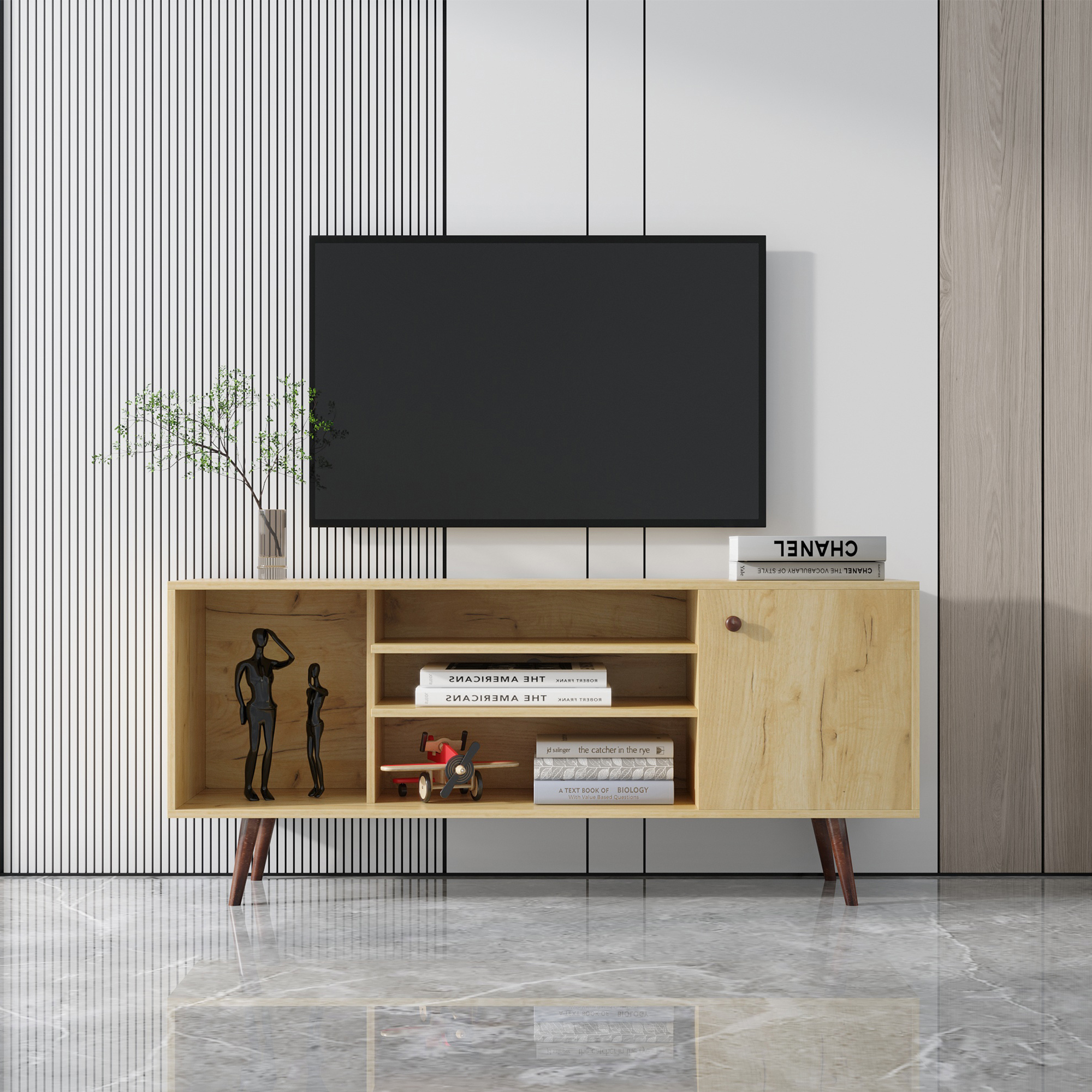 Mid-Century TV Stand for TVs up to 60 Inches, Entertainment Center with Open Storage Shelves  Cabinet, Modern TV Console for Living Room, Rustic Oak.-CASAINC