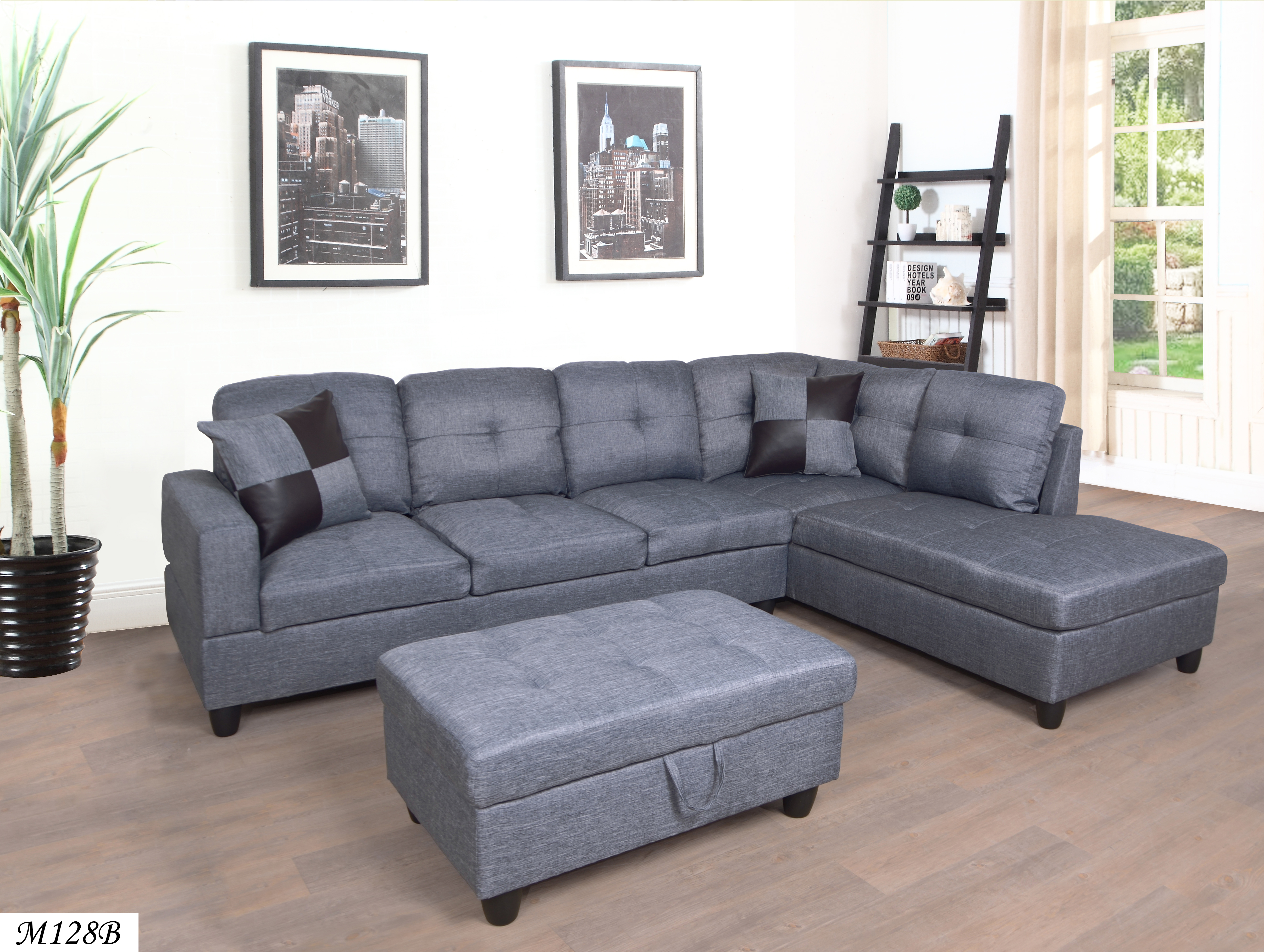 3 PC Sectional Sofa Set, (Gray) Linen Right -Facing Chaise with Free Storage Ottoman-CASAINC