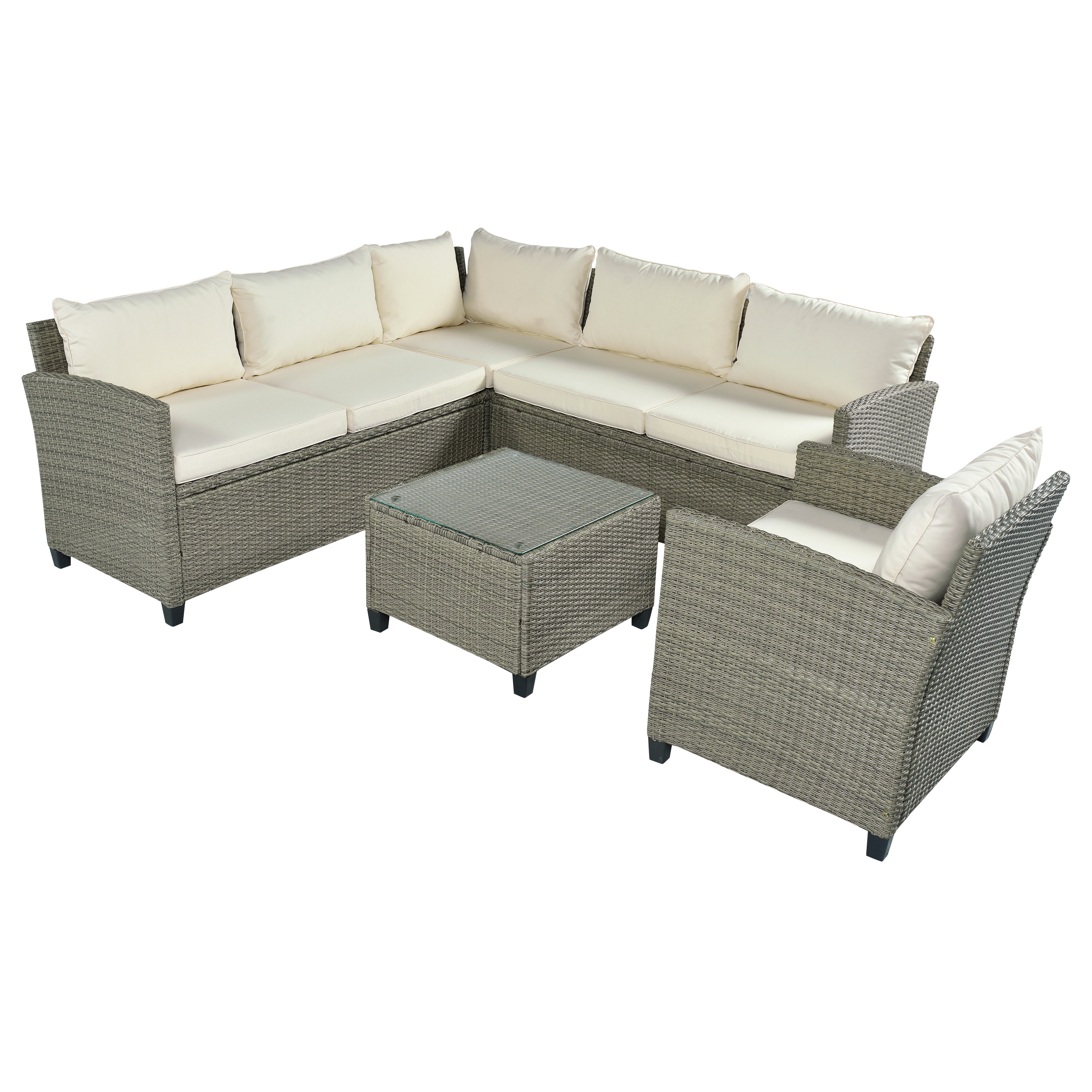  Patio Furniture Set, 5 Piece Outdoor Conversation Set，with Coffee Table, Cushions and Single Chair-CASAINC