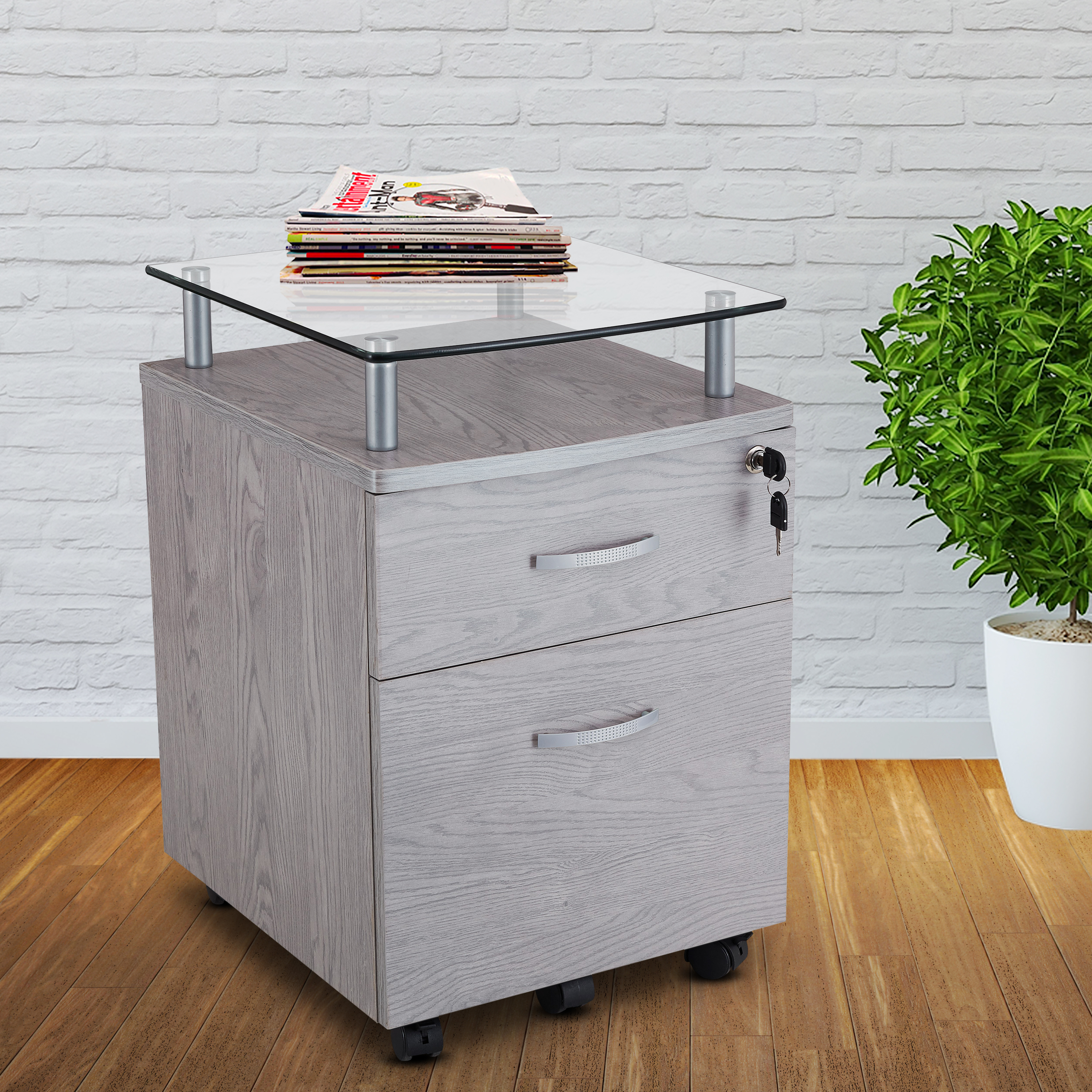 Techni Mobili Rolling File Cabinet with Glass Top, Grey-CASAINC