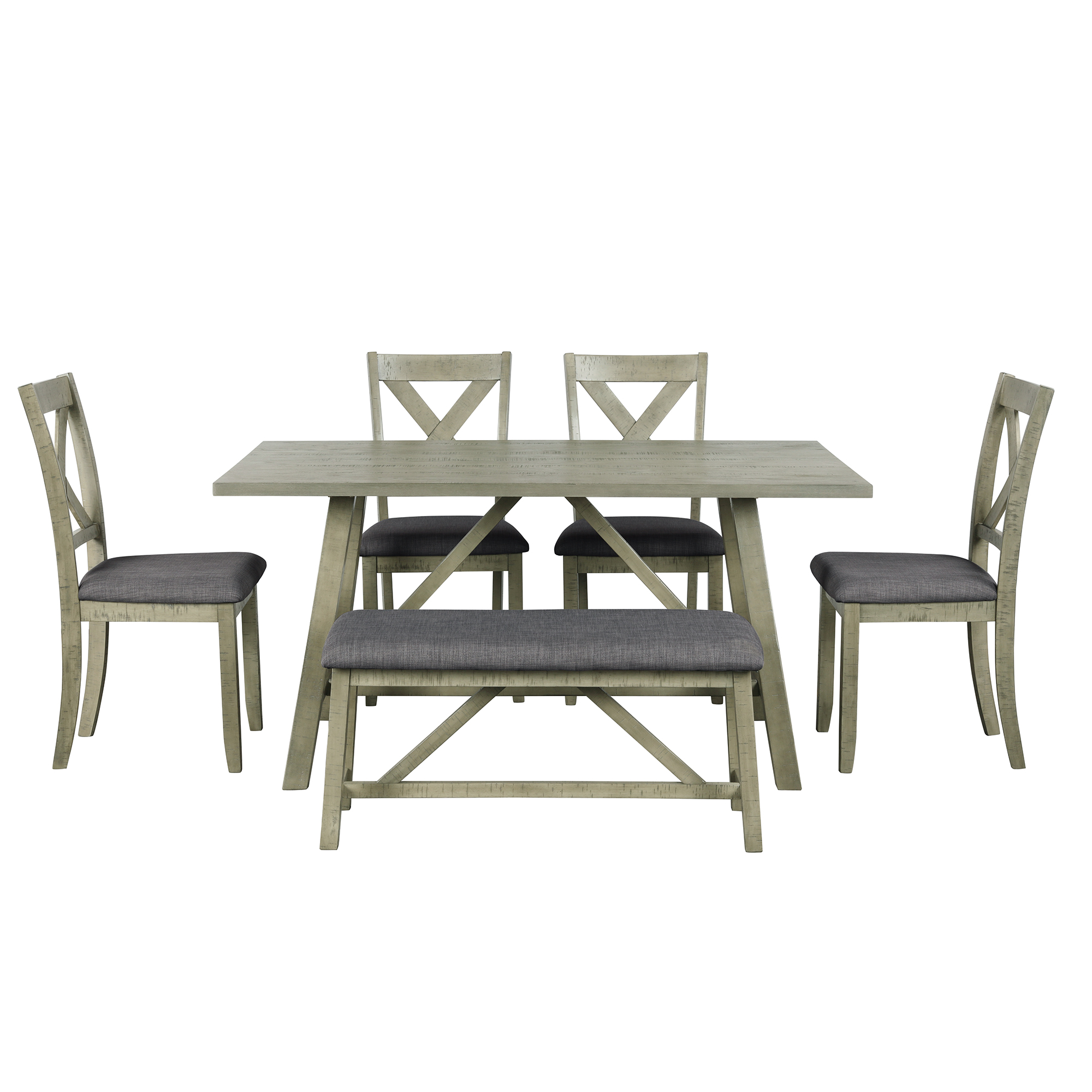 6 Piece Dining Table Set Wood Dining Table and chair Kitchen Table Set with Table, Bench and 4 Chairs, Rustic Style, Gray(No Difference with SH000109AAE）-CASAINC