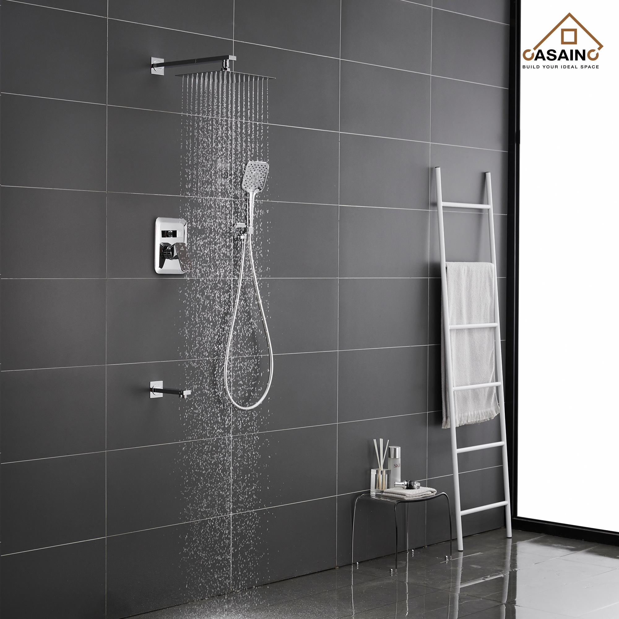 CASAINC 10 inch Square Wall-mounted rain shower faucet with pressure balanced valve