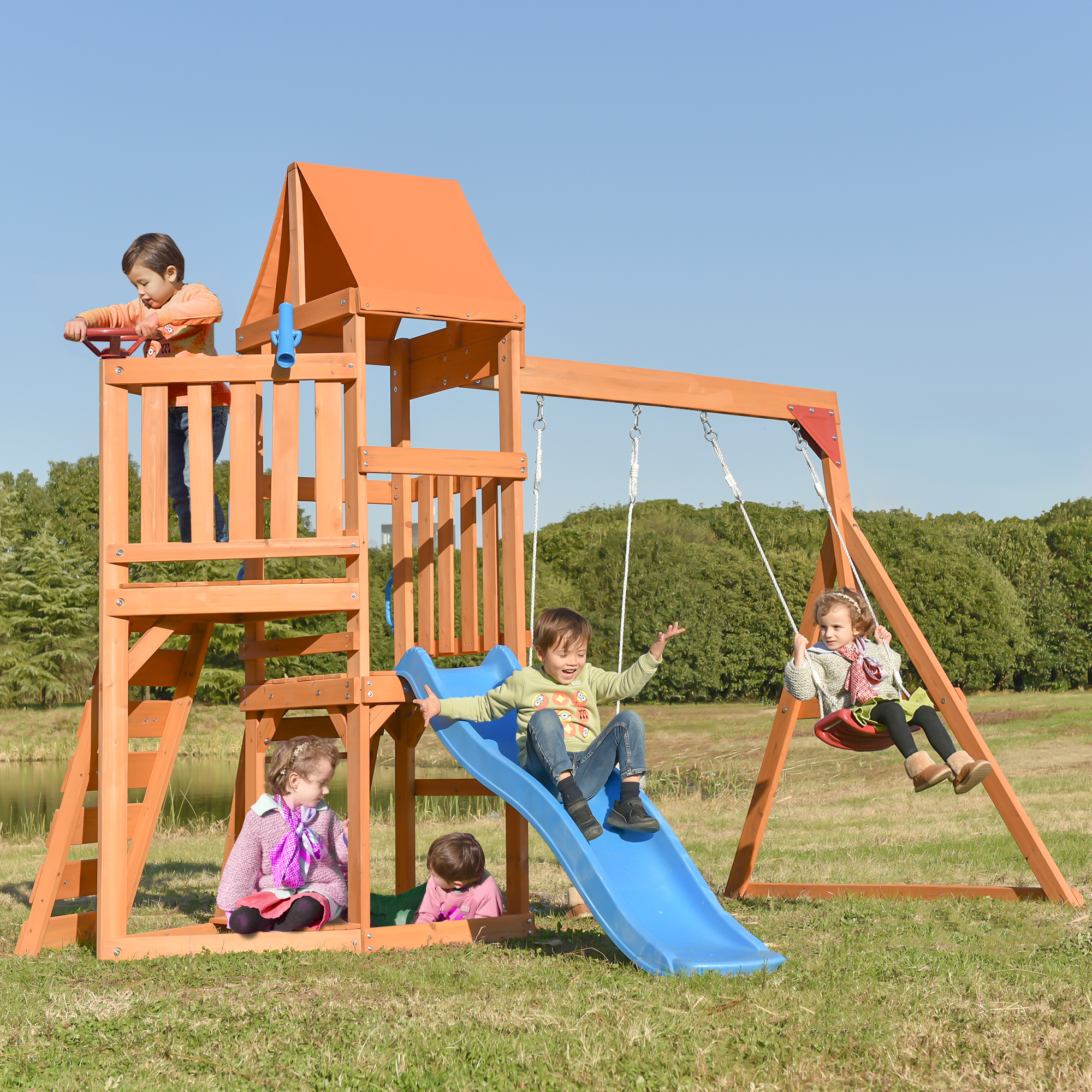 wooden swing set with slide and climbing wall